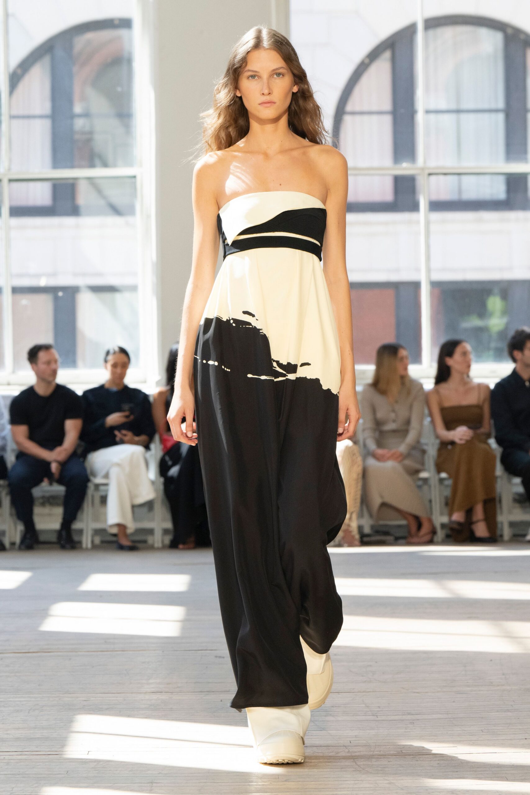 black and white strapless gown