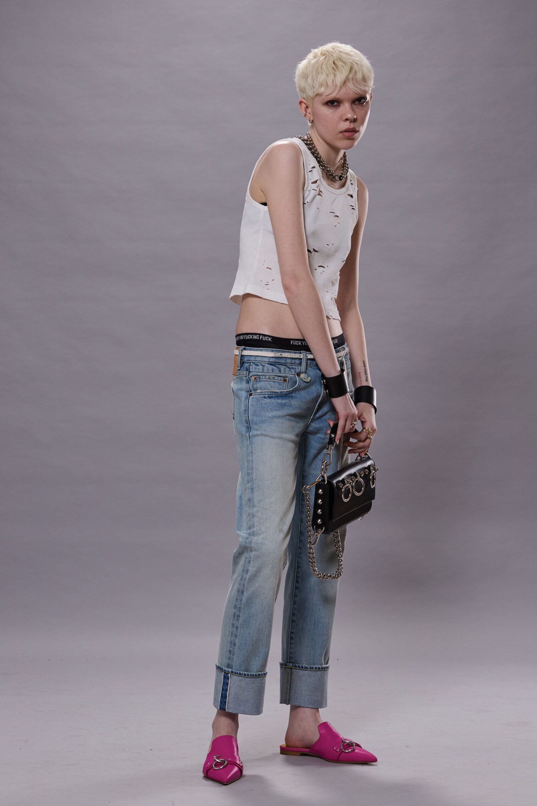 white cotton sleeveless high-neck fitted distressed cropped crop-top
