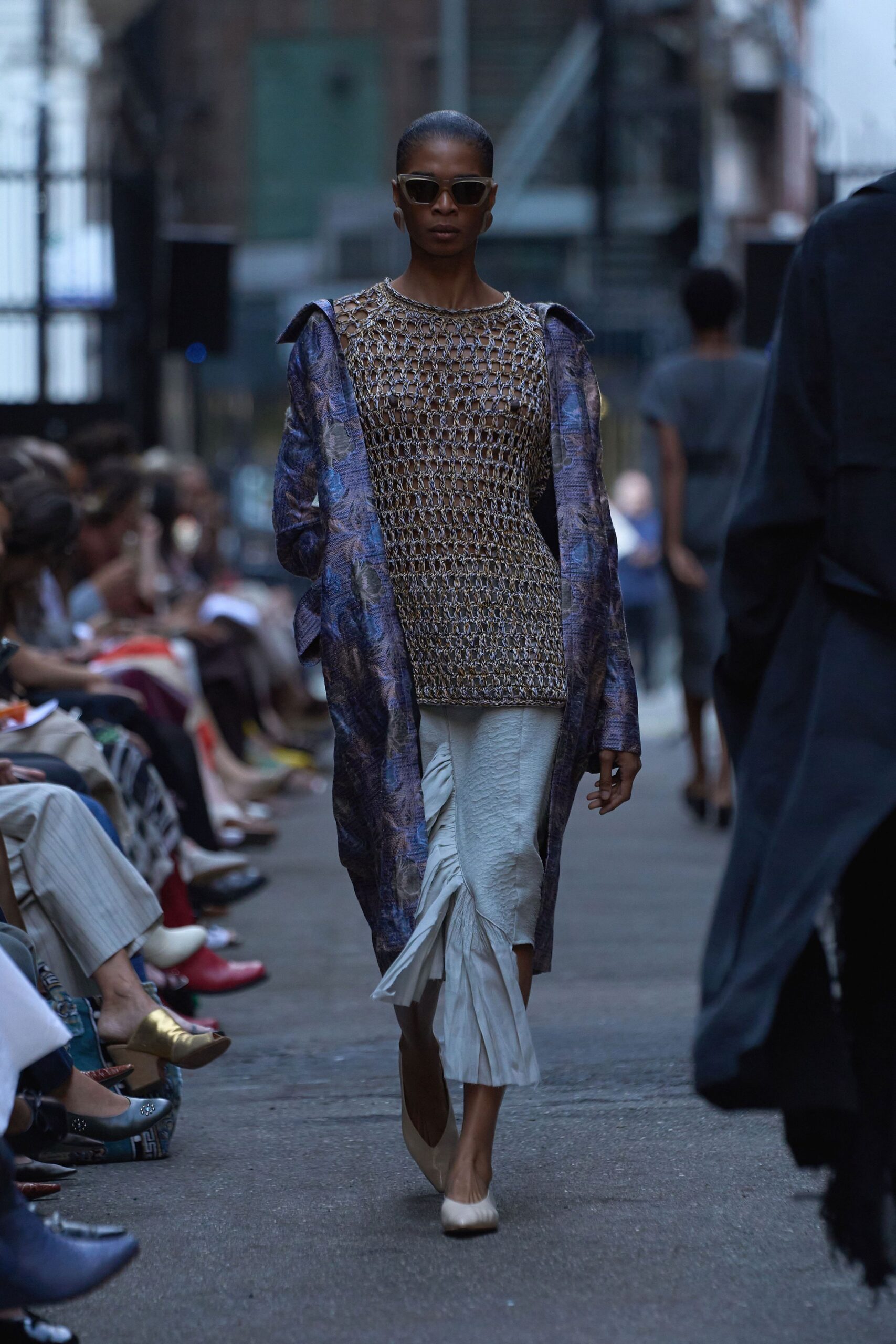 blue silk long-sleeve relaxed draped coat