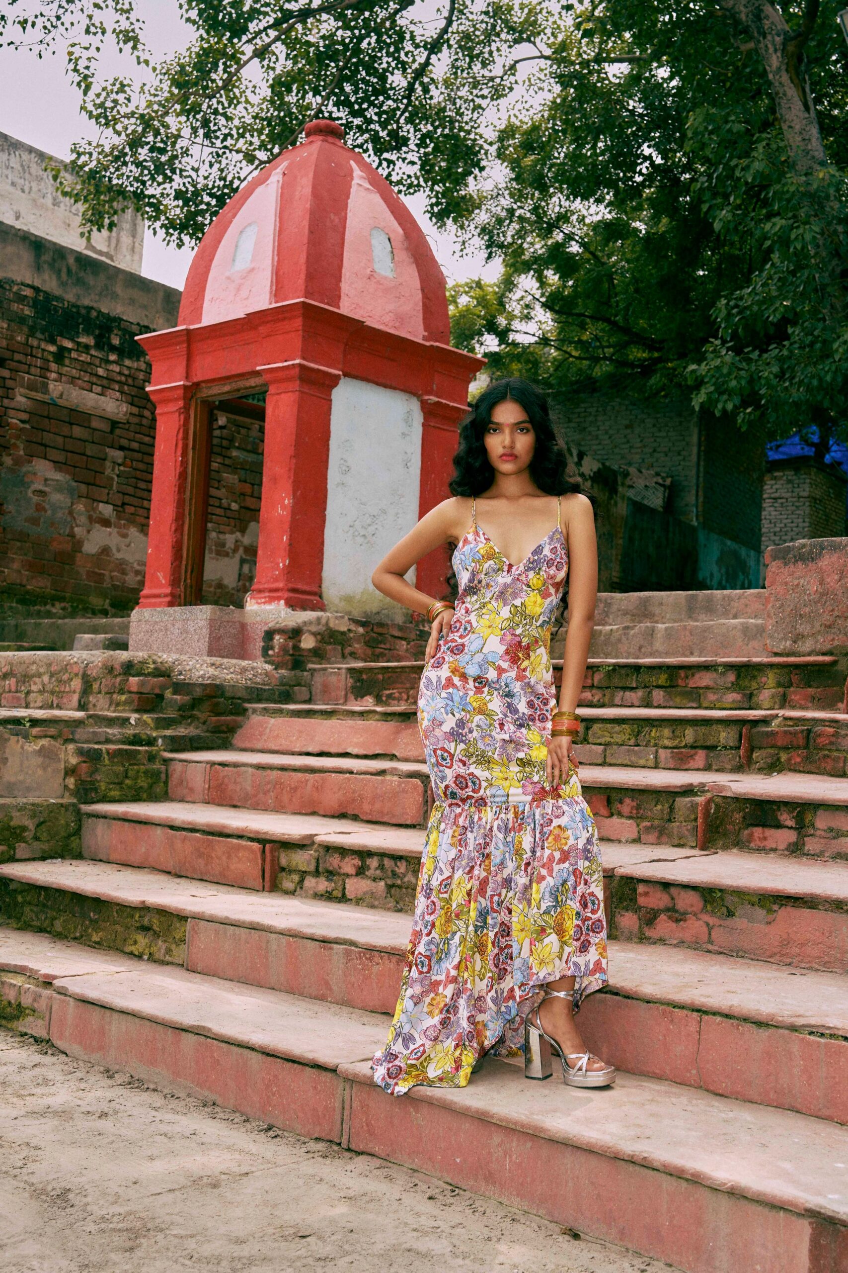 multi silk sleeveless v-neck fitted floral flared gown