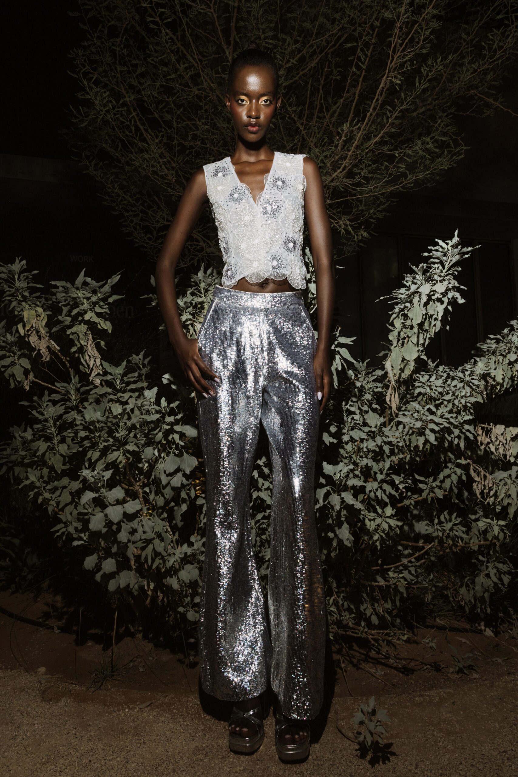 gray sequin fitted flared shiny pants