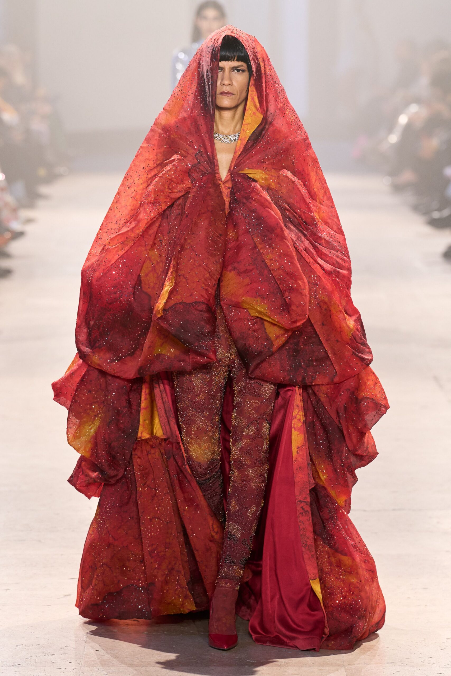 red silk long-sleeve high-neck fitted layered draped gown