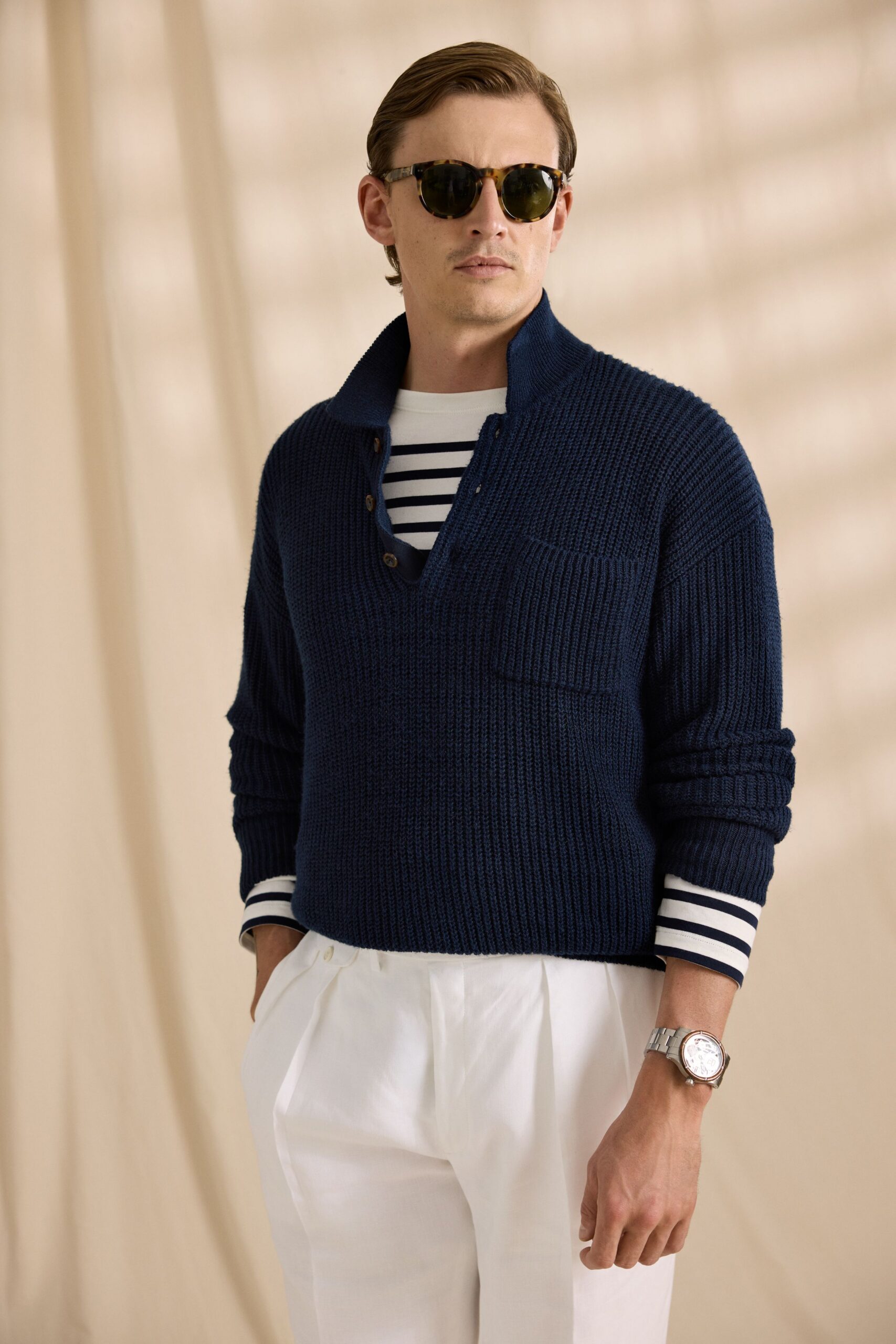 blue cotton long-sleeve collared fitted striped buttoned sweater