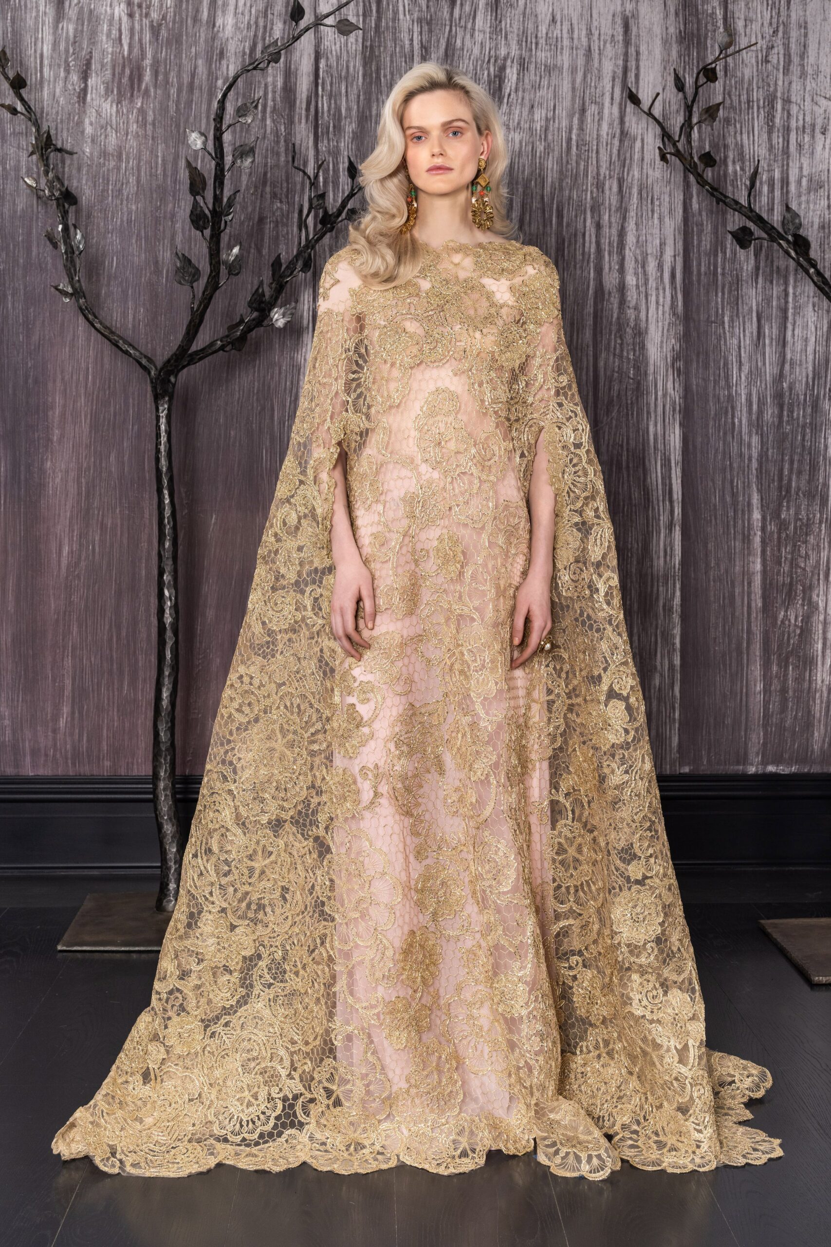 gold lace gown with cape