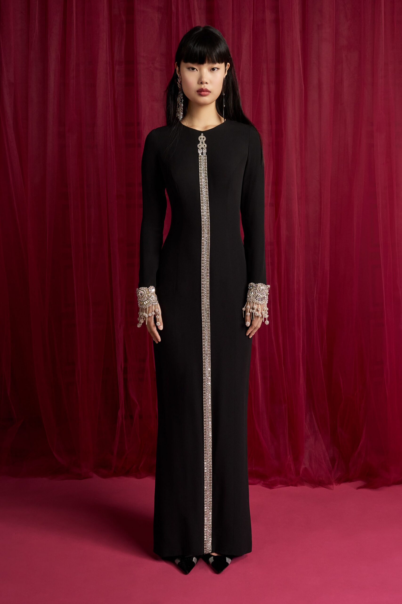 black silk long-sleeve high-neck fitted embellished zippered gown