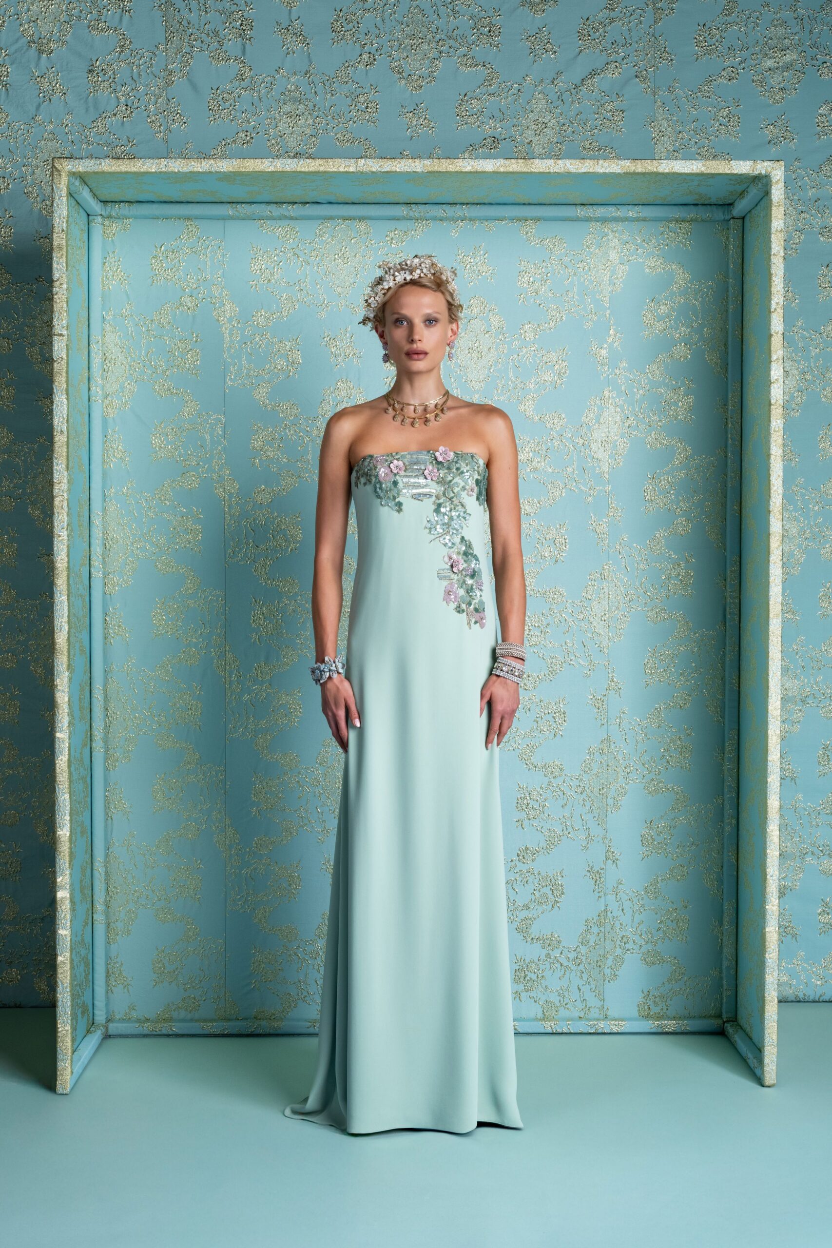 blue silk strapless gown
