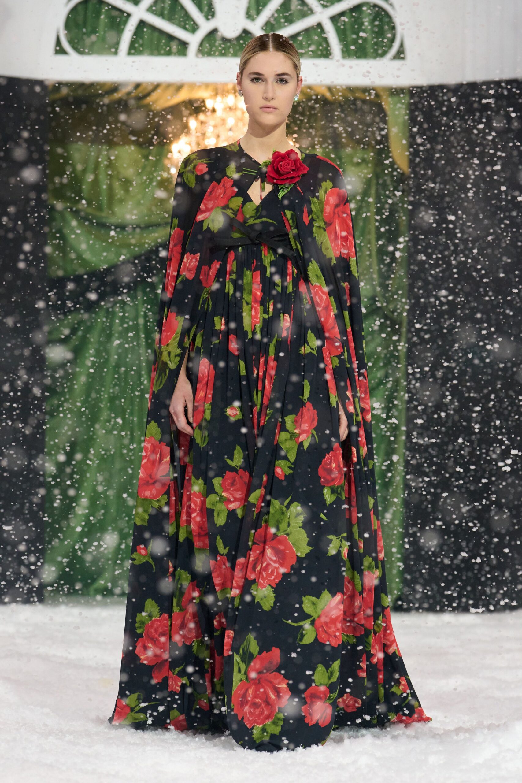 black silk long-sleeve collared fitted floral draped gown