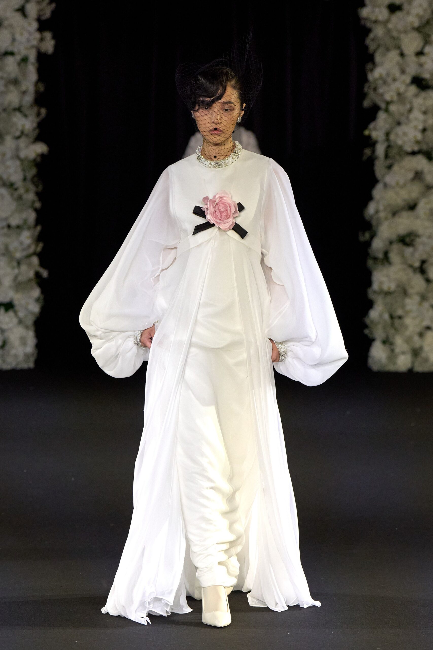 white silk long-sleeve high-neck fitted draped embellished gown
