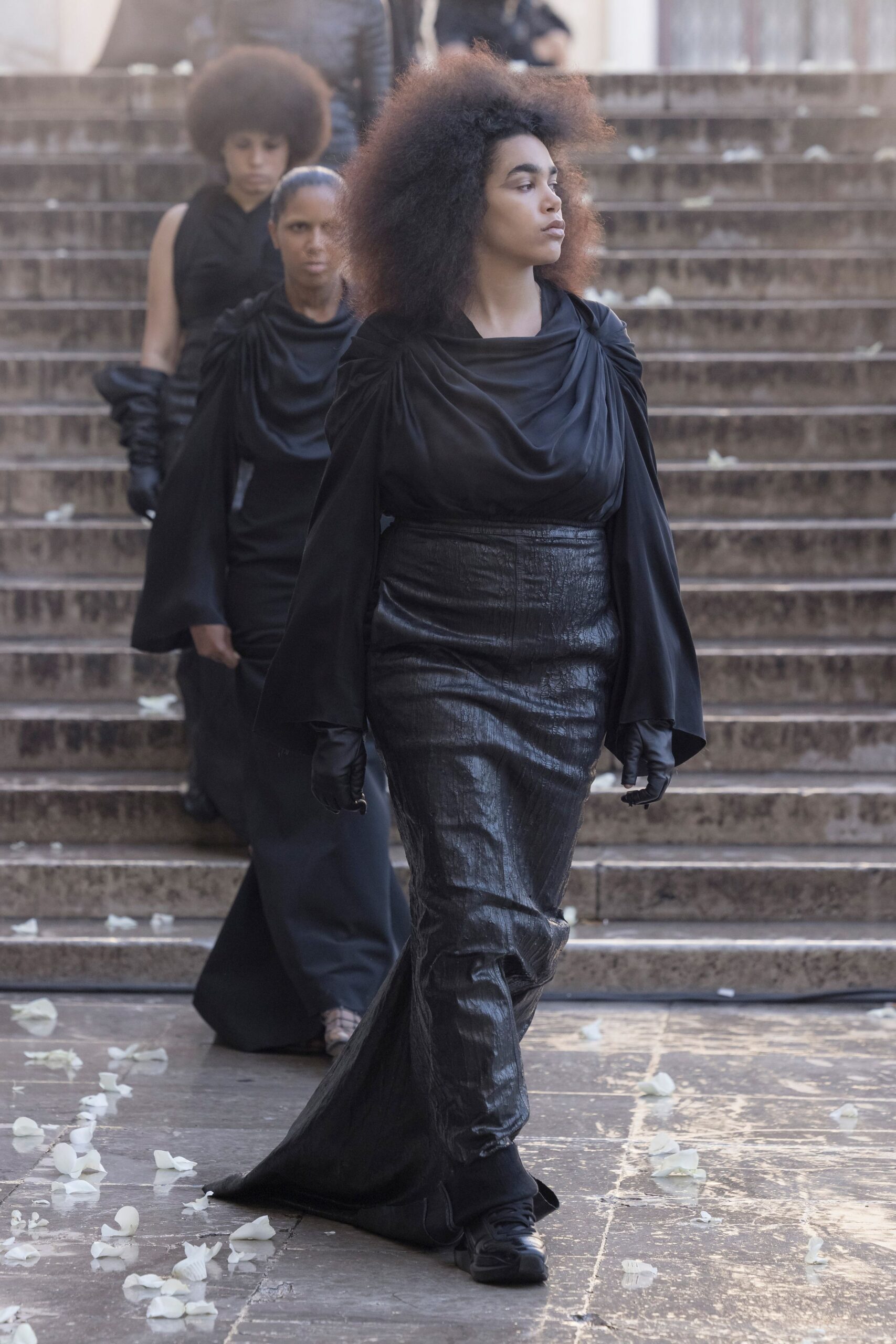black leather long-sleeve high-neck fitted draped midi dress
