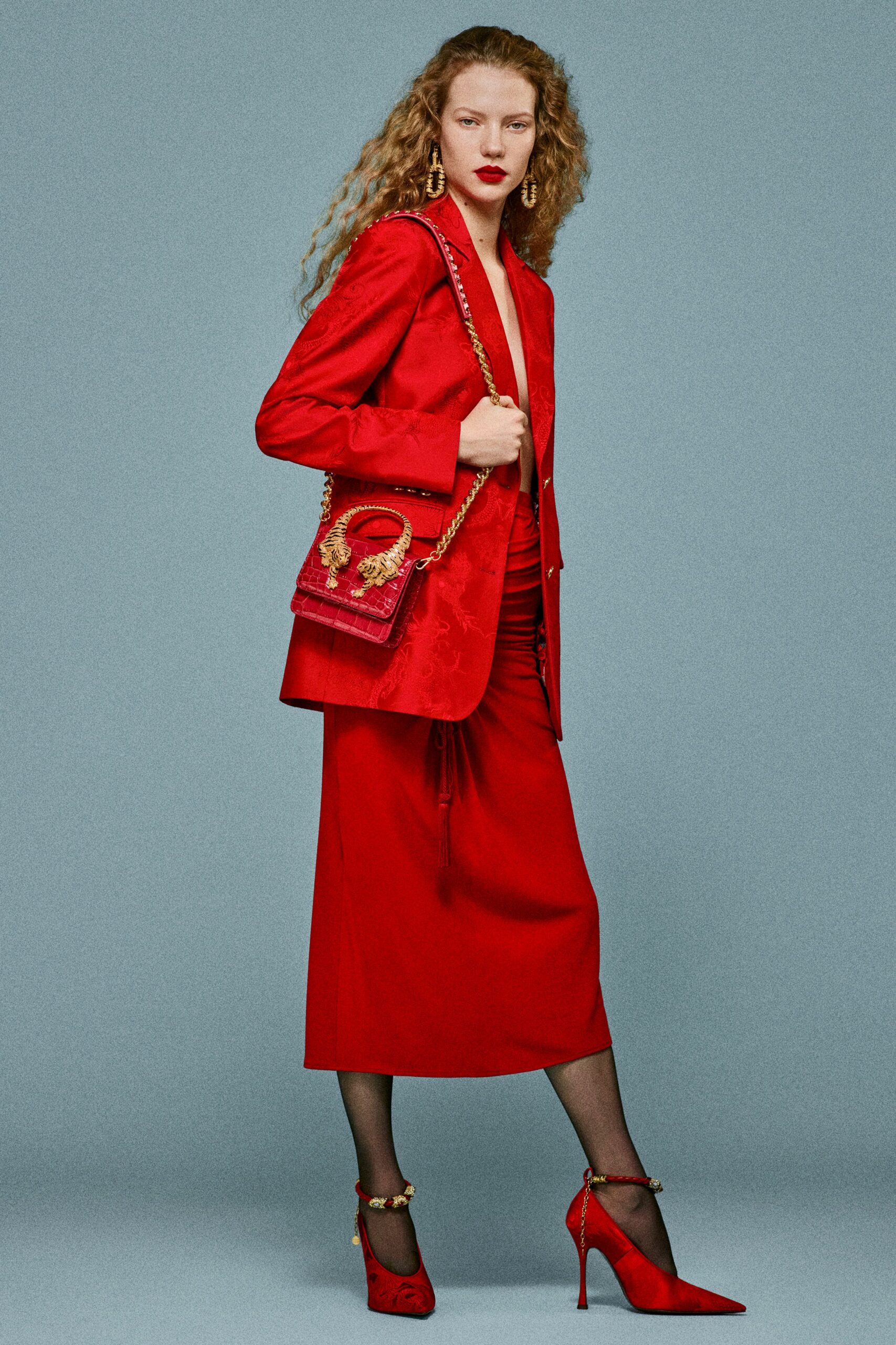 red silk fitted ruched midi skirt