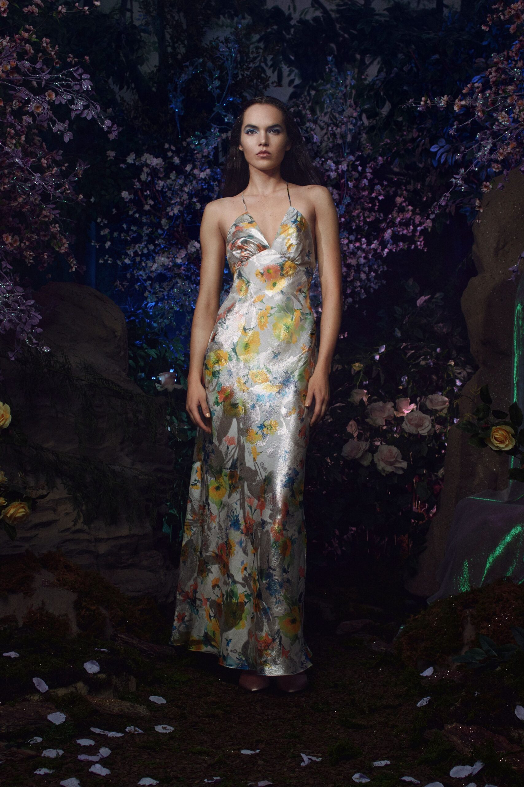 multi-colored floral silk gown