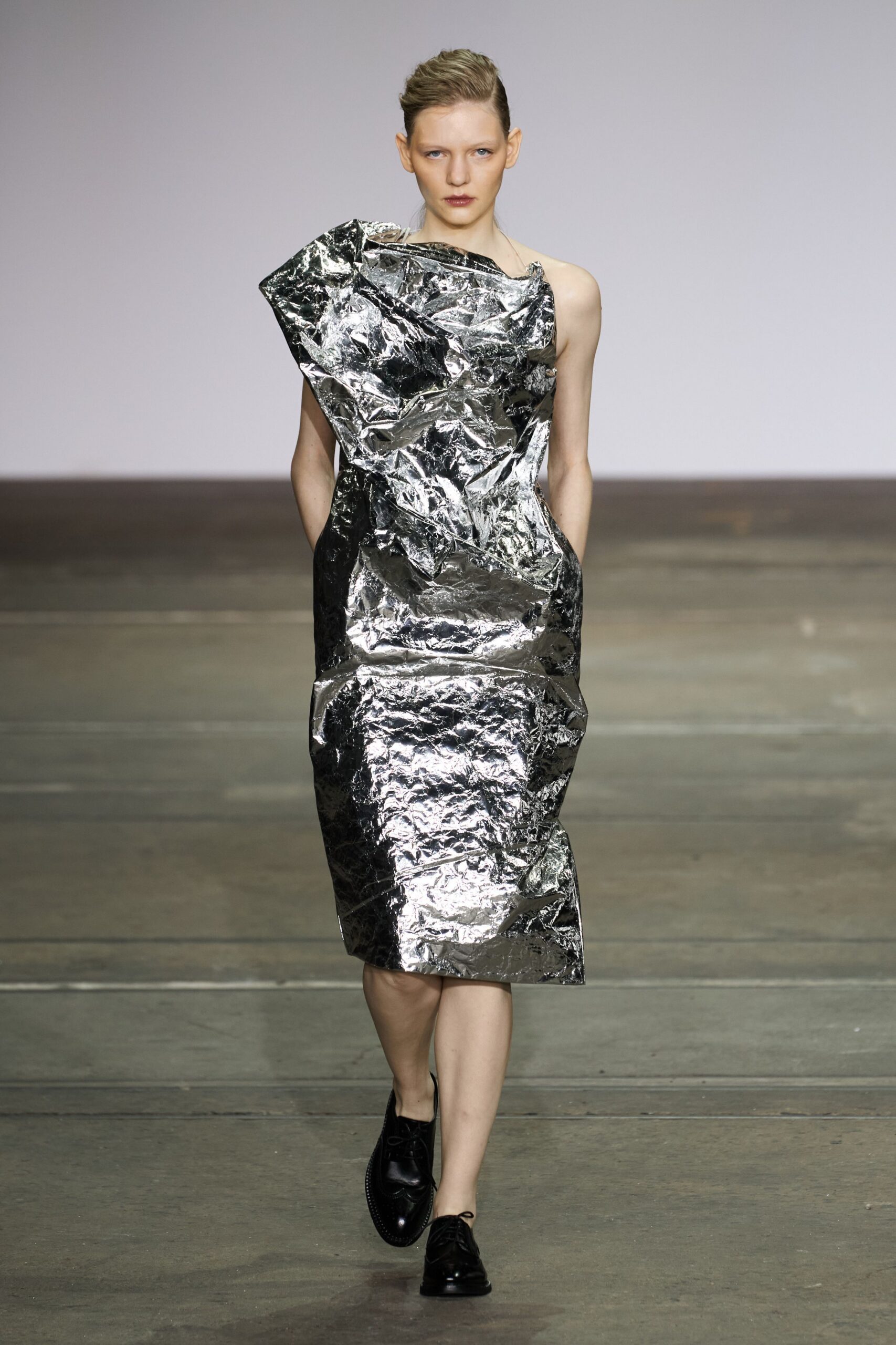 gray metallic sleeveless asymmetric fitted draped pockets dress