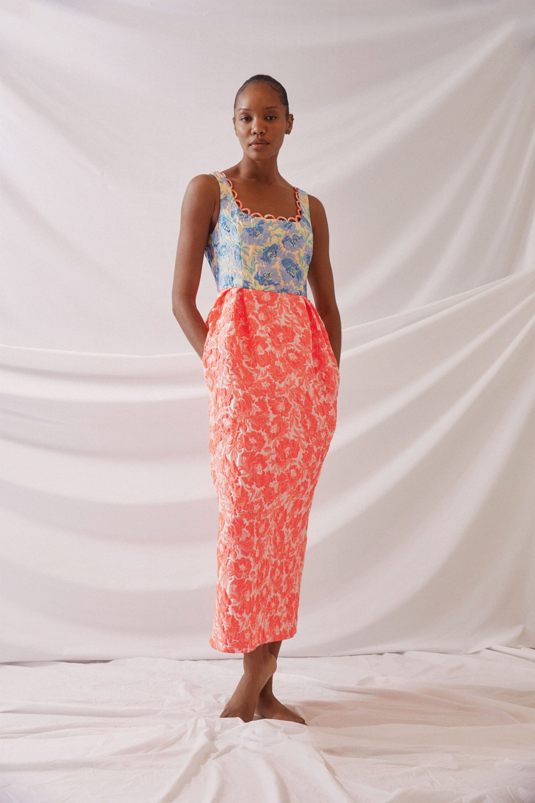 blue and coral floral midi dress