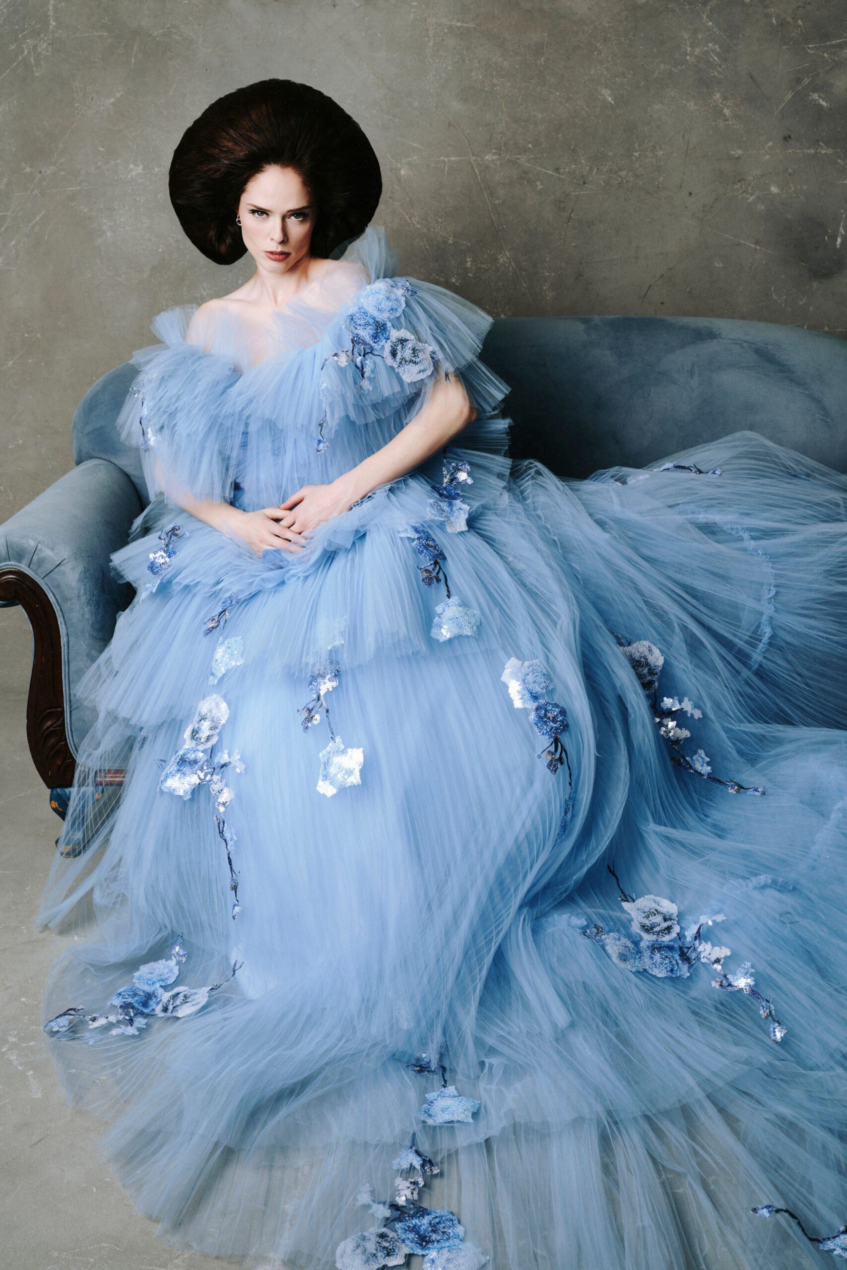 blue tulle off-shoulder fitted floral layered flowing gown