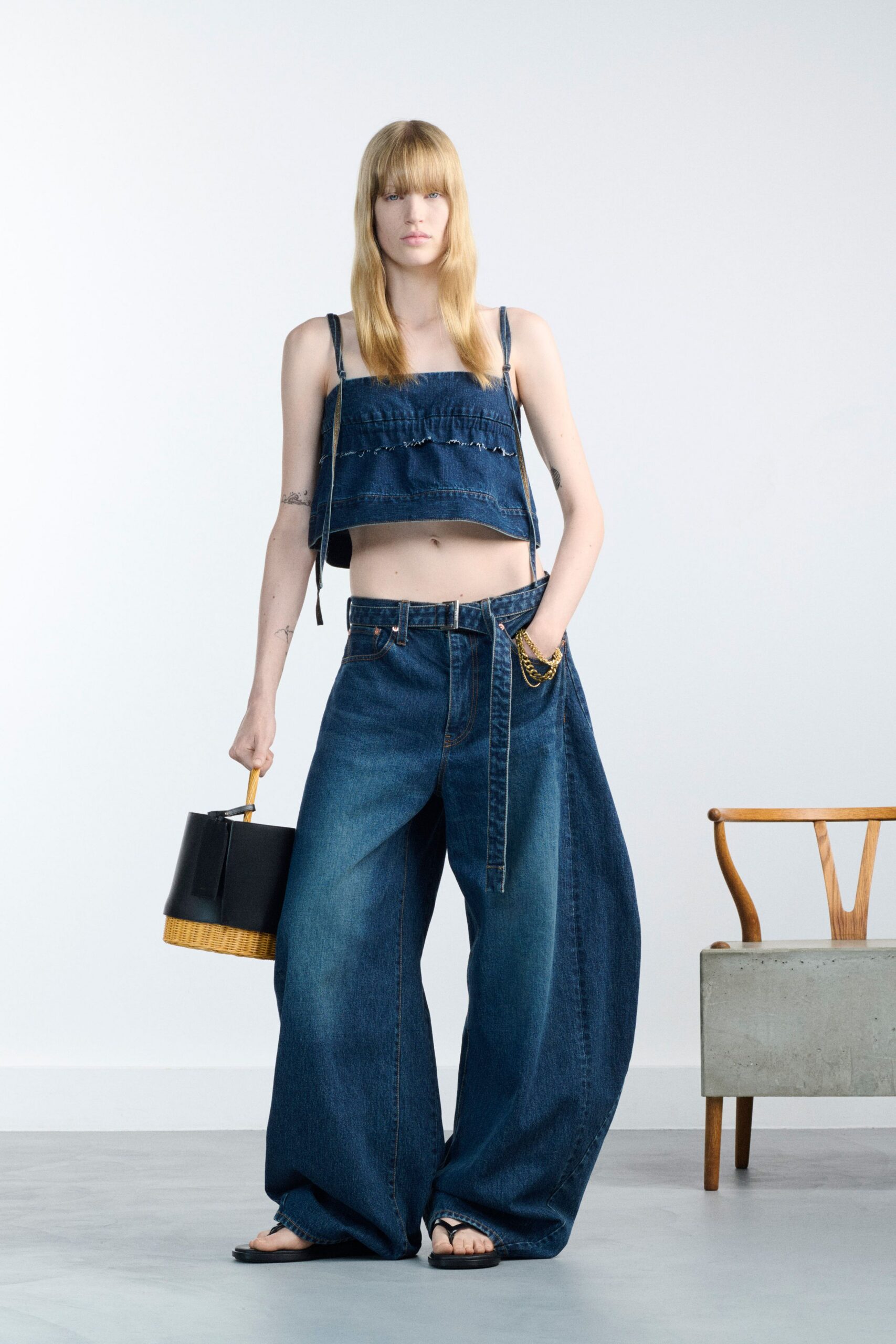 blue denim sleeveless fitted ruffled top