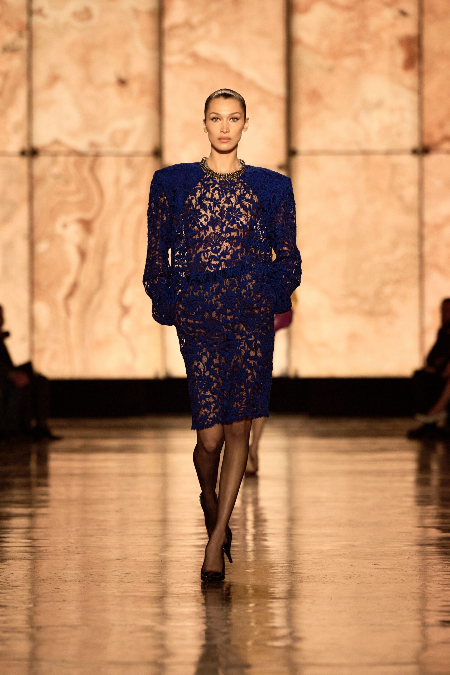 blue lace long-sleeve v-neck fitted embroidered pencil dress