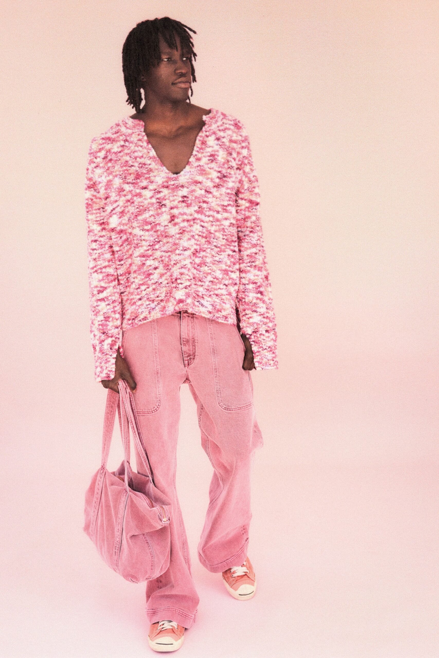 pink denim fitted flared pants