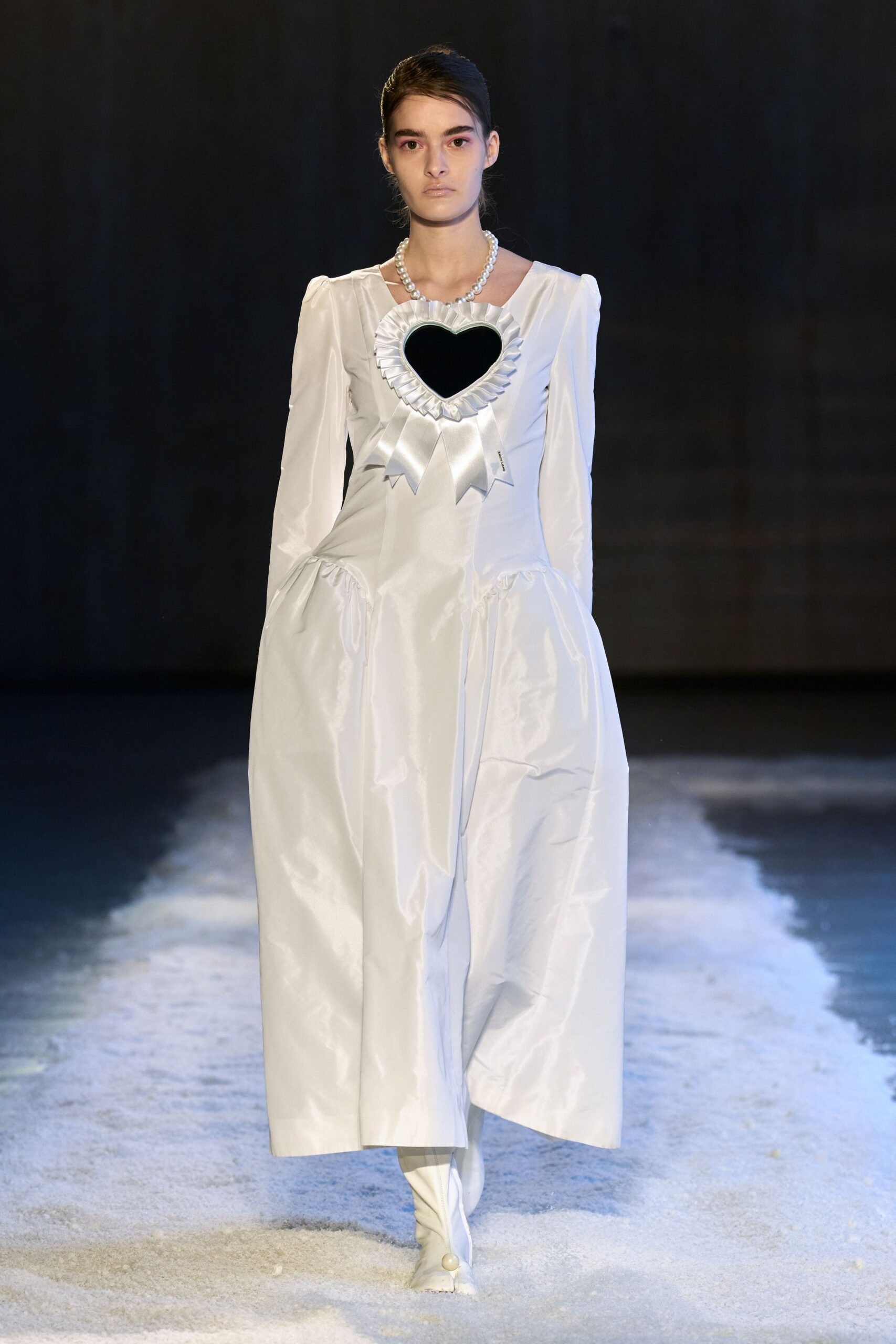 white silk long-sleeve dress