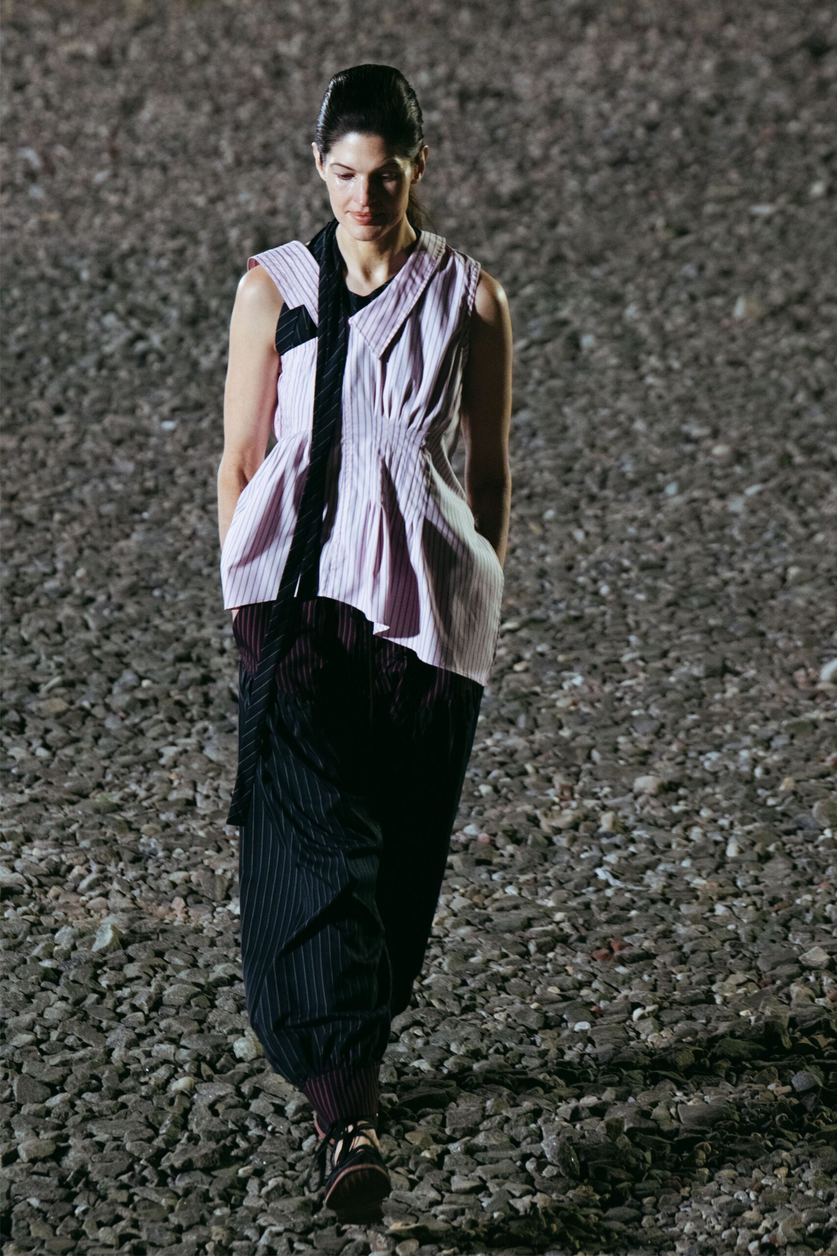 white cotton sleeveless v-neck relaxed striped pleated top