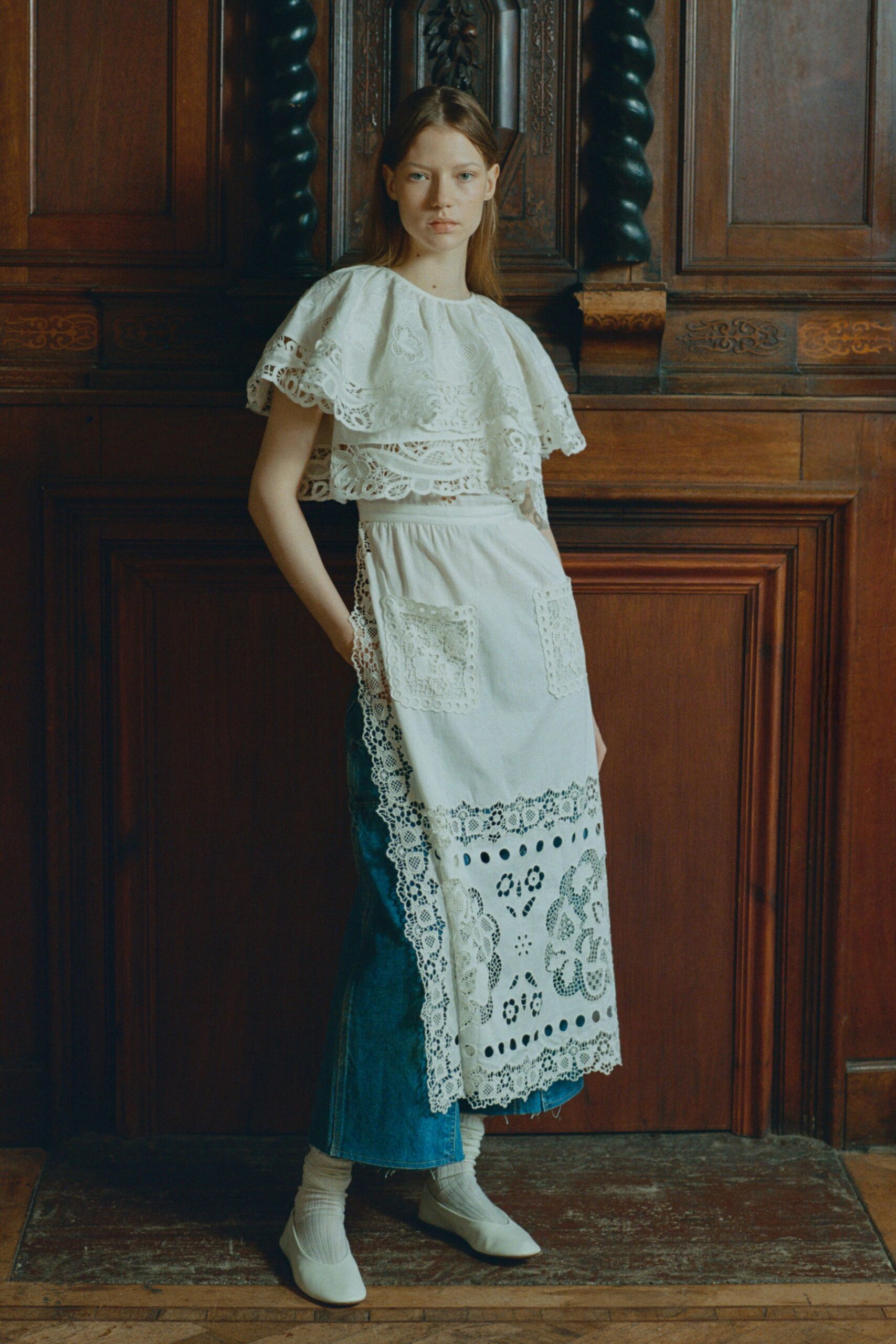 white embroidered midi dress with denim pants