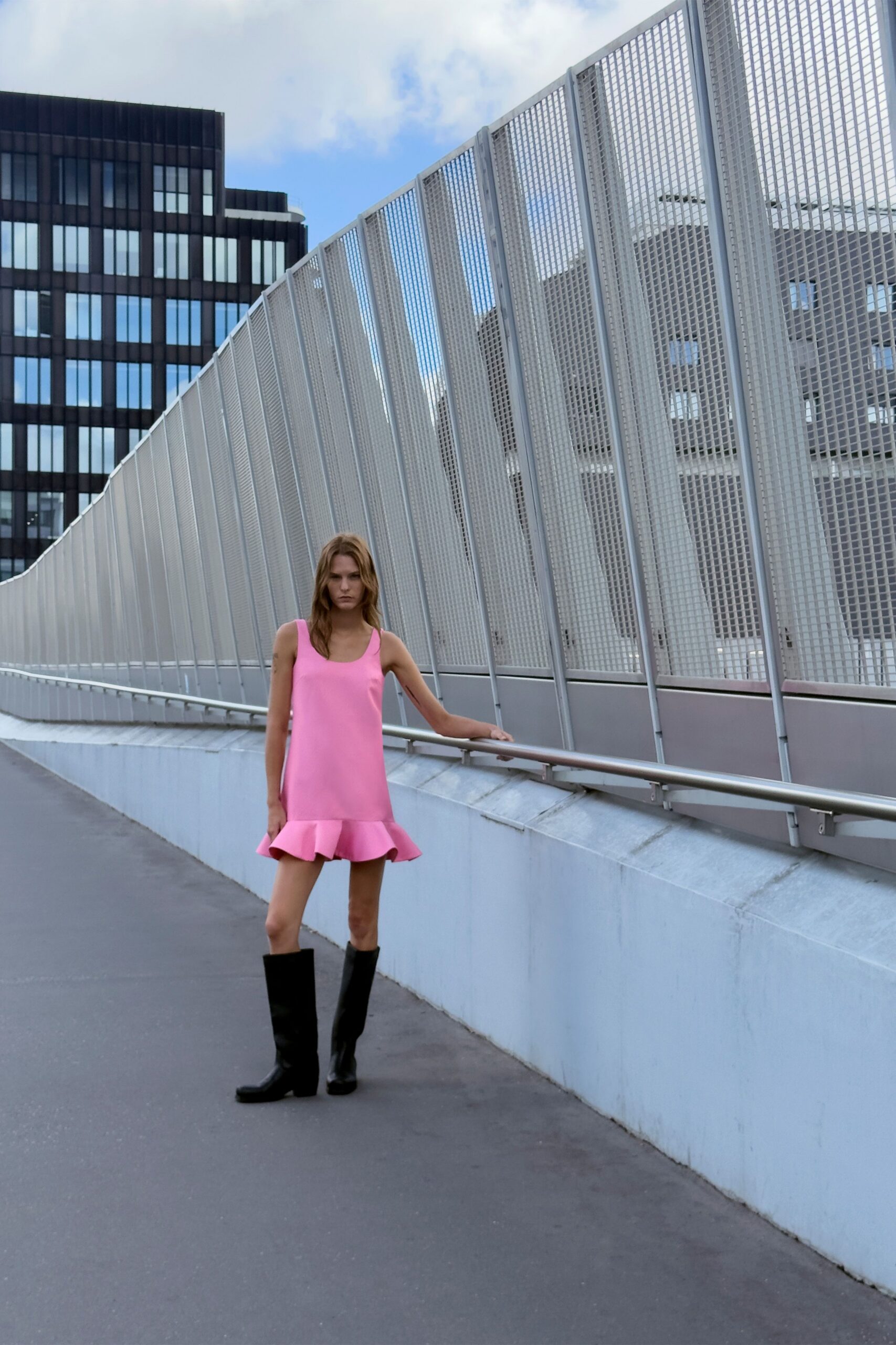 pink cotton sleeveless v-neck fitted flared mini dress