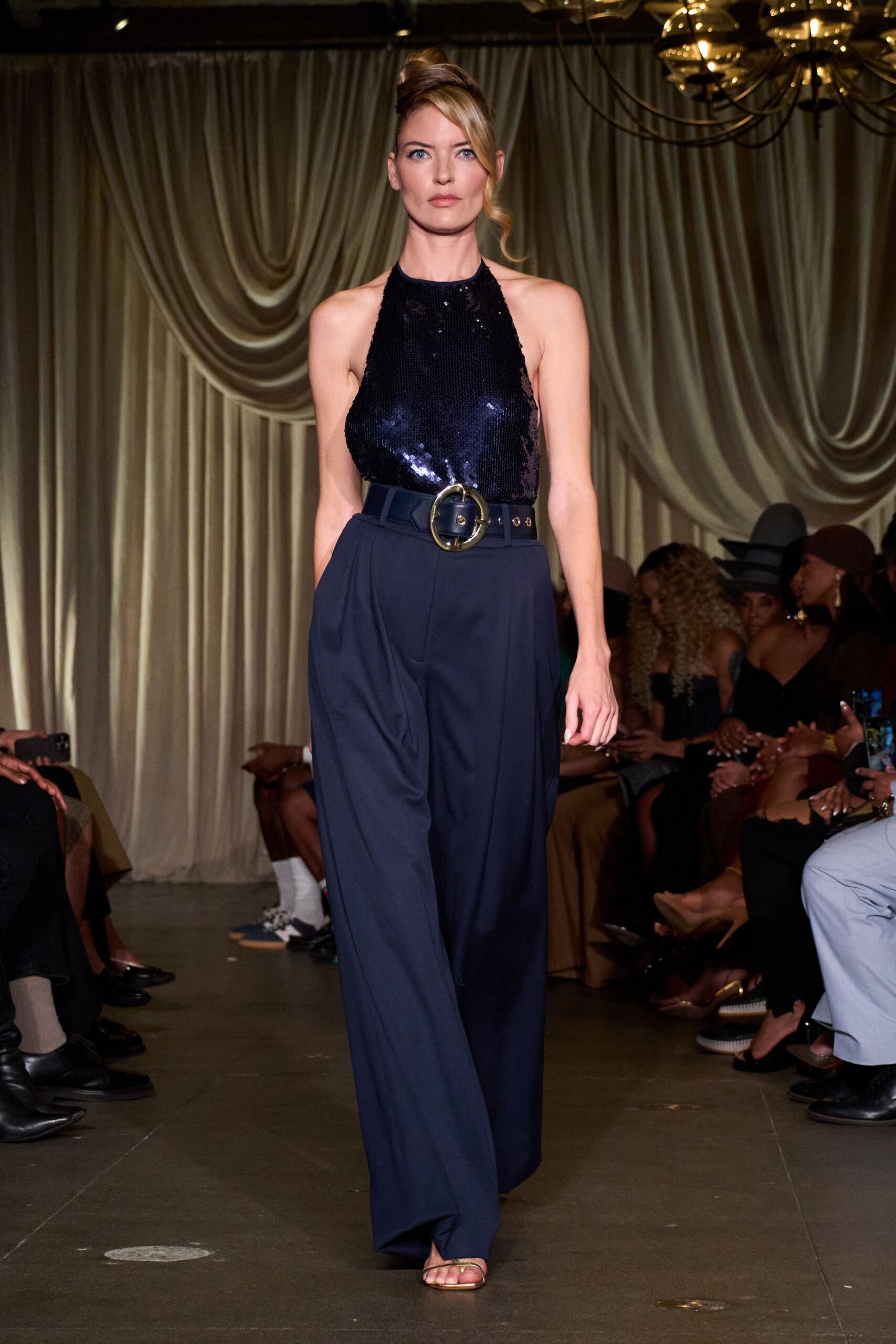 navy sequin halter top with wide-leg pants