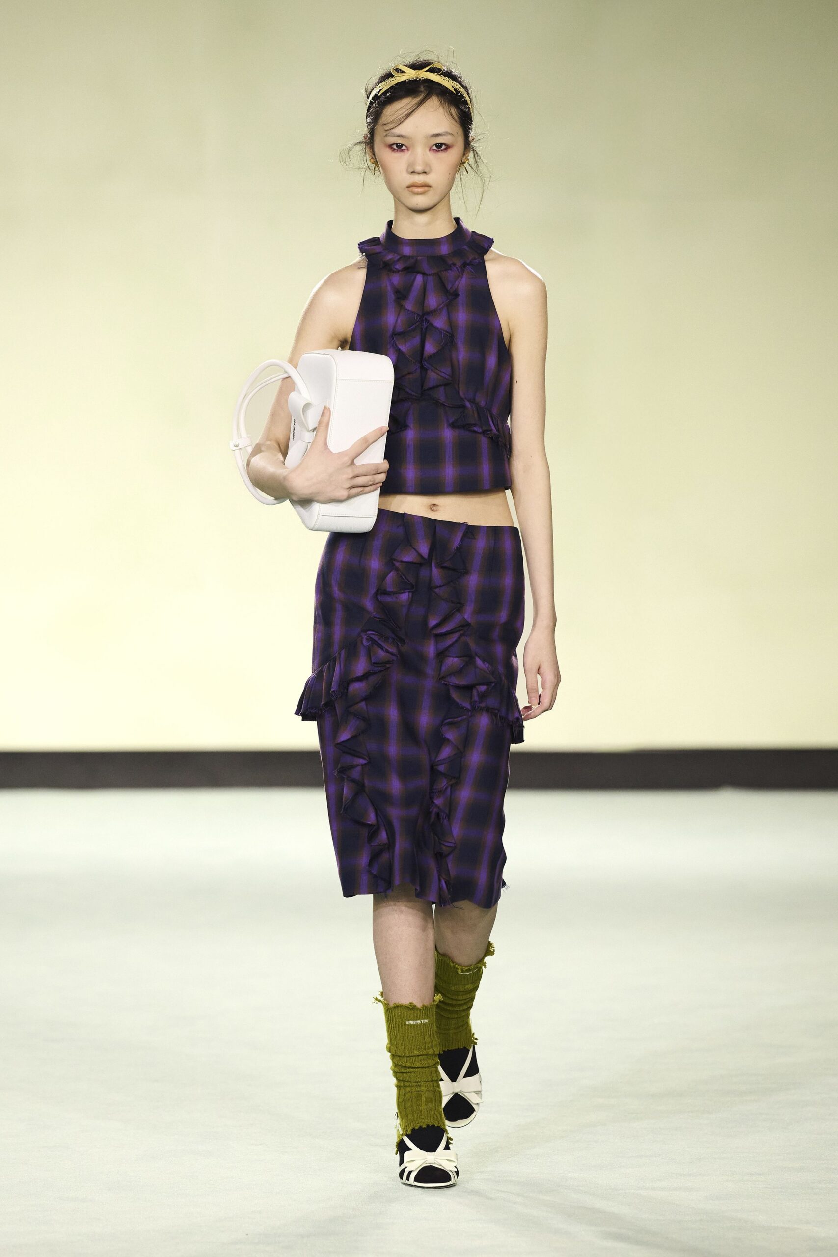 purple sleeveless high-neck fitted checked ruffled cropped top