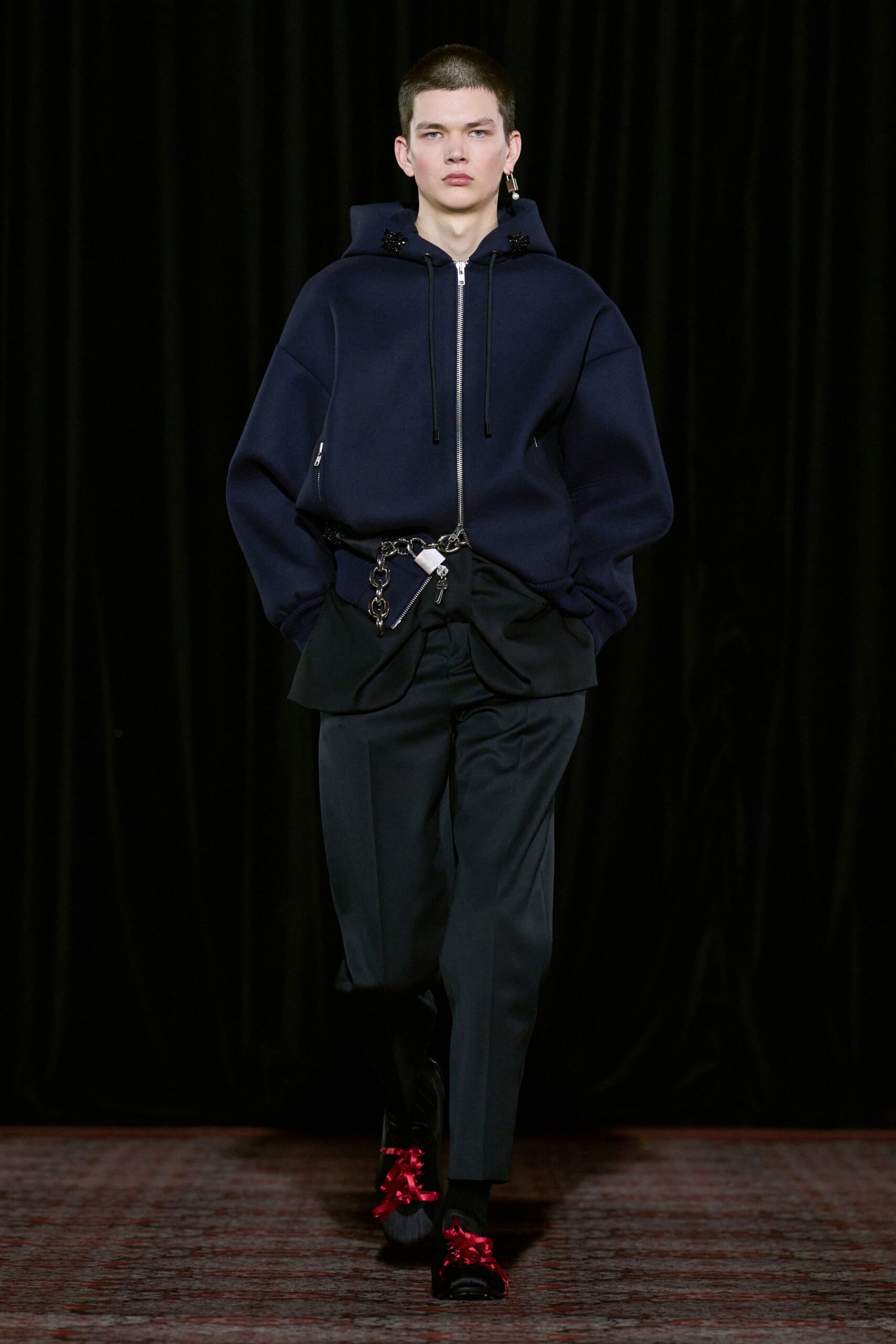 blue cotton long-sleeve hooded relaxed hoodie