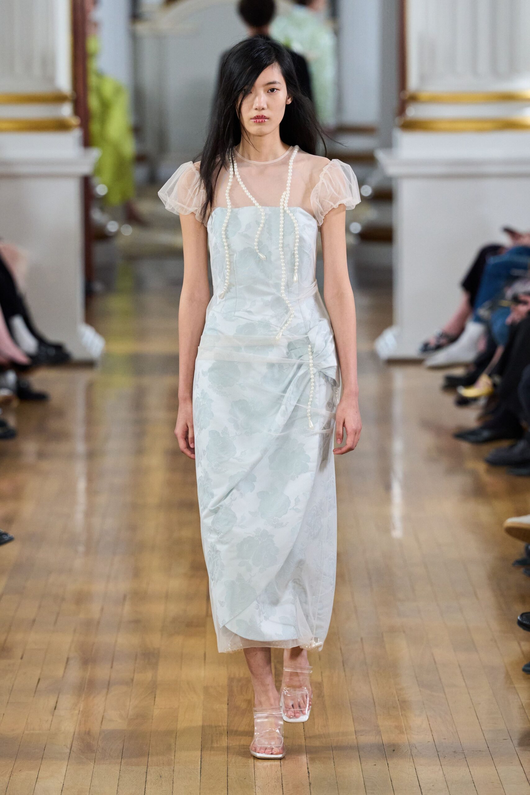 white silk sleeveless v-neck fitted pleated layered dress