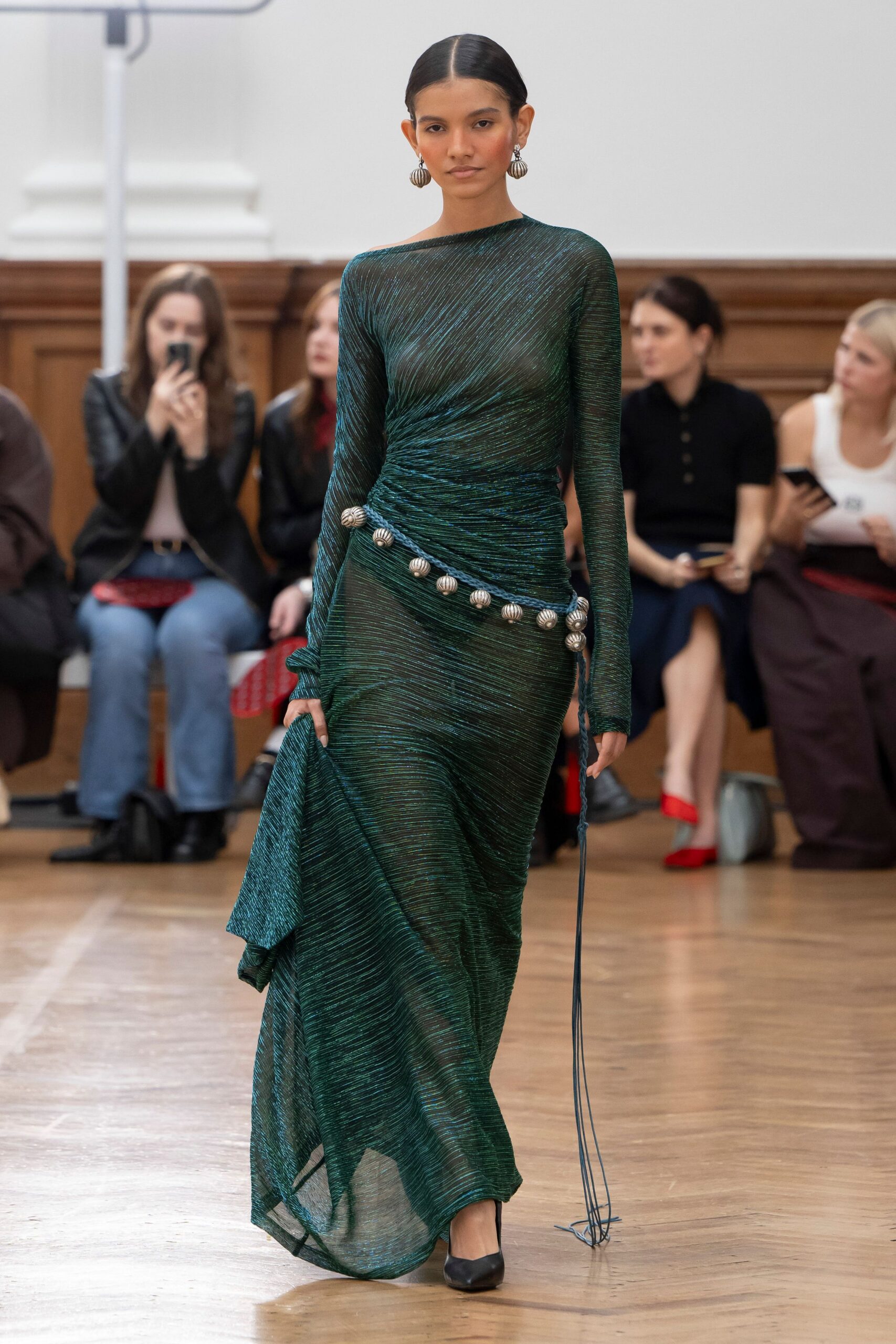 green silk long-sleeve v-neck fitted draped layered gown