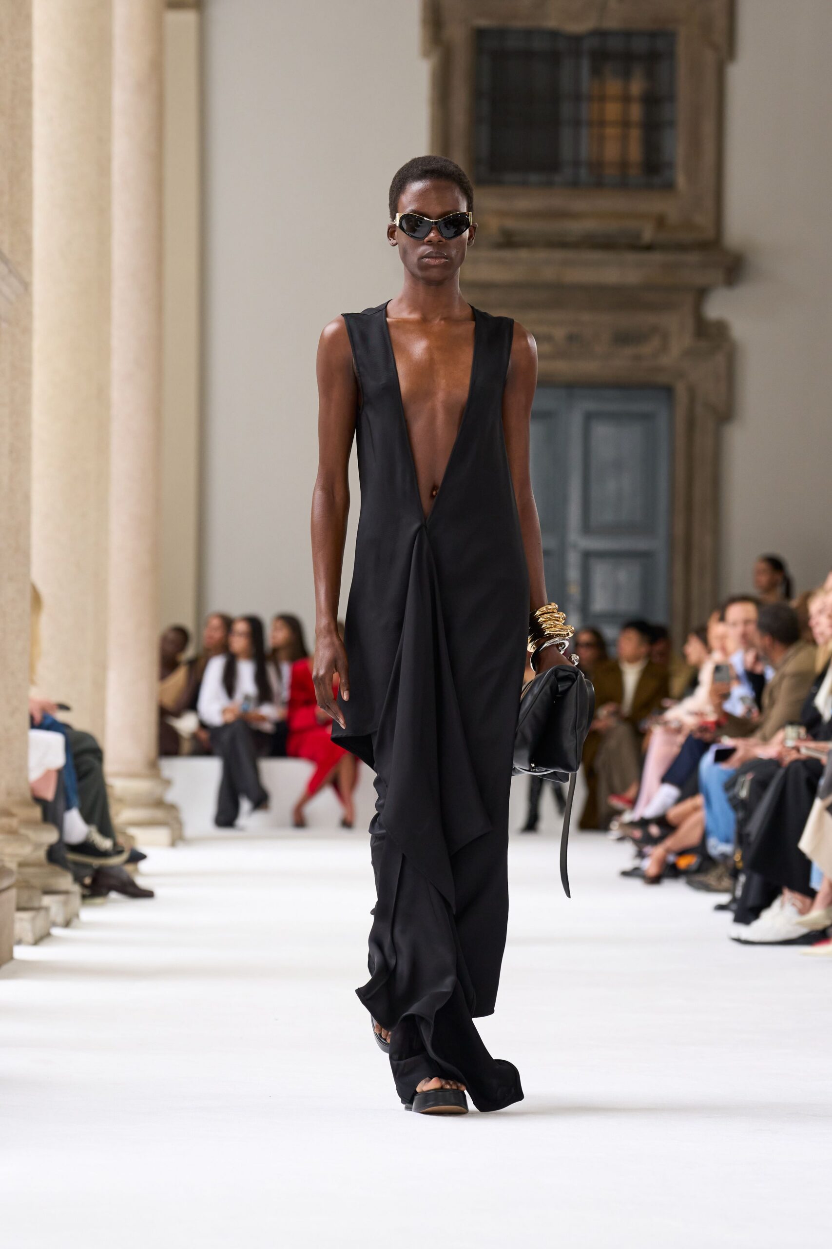 black silk sleeveless gown