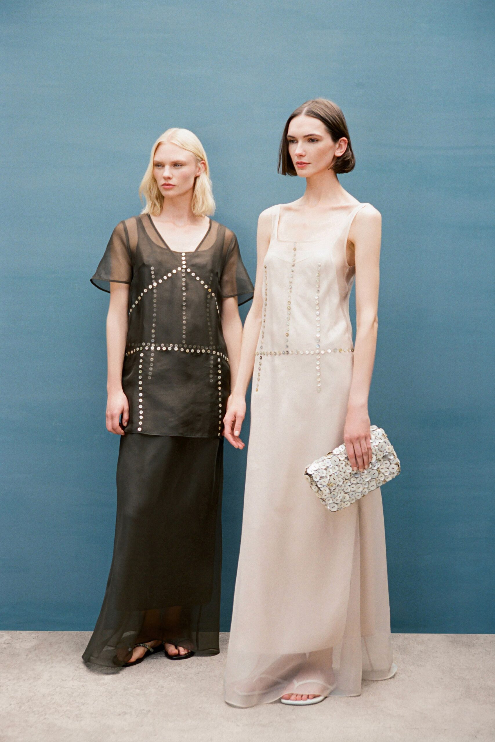 beige chiffon sleeveless square-neck fitted layered embroidered dress