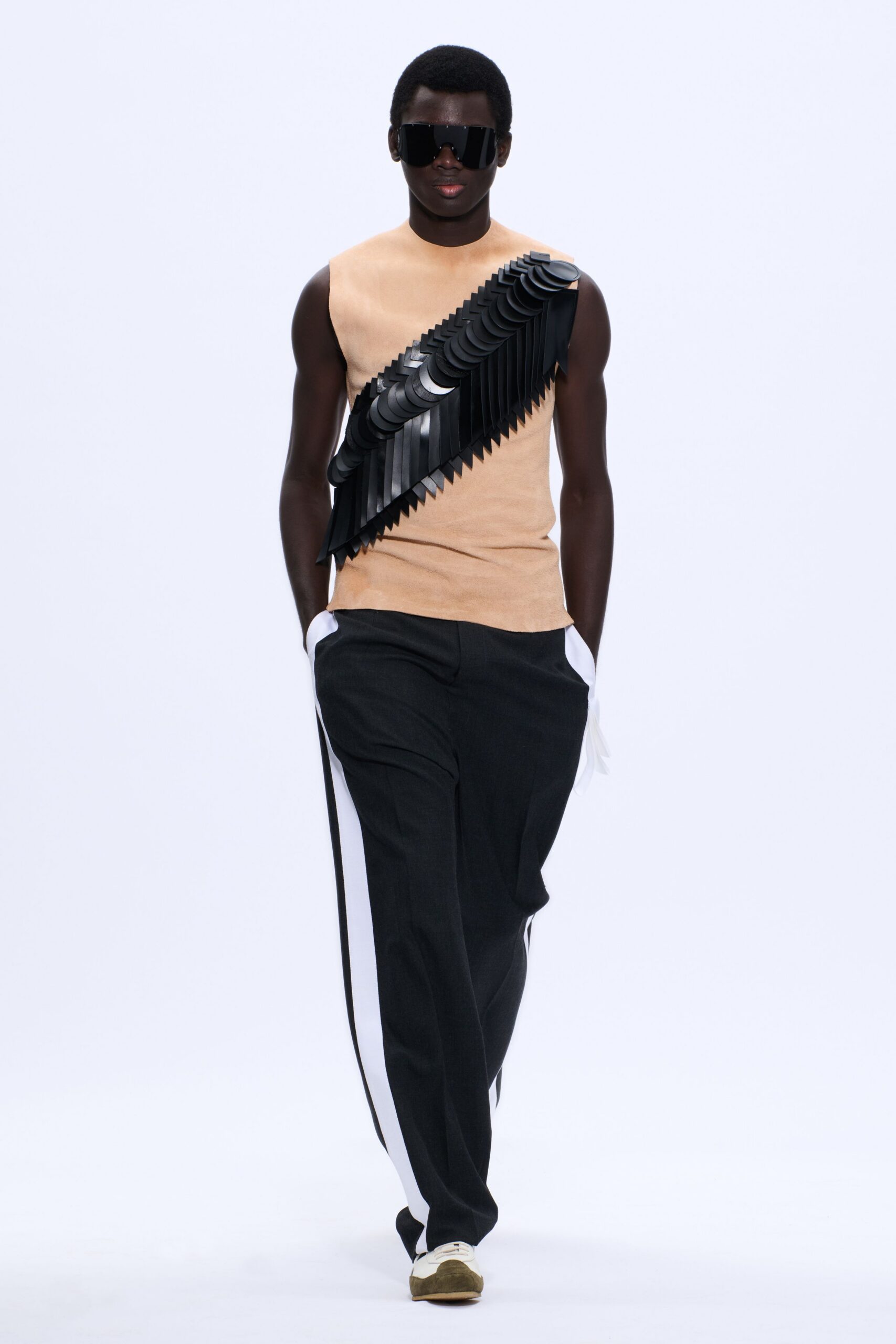 beige fitted top with pleats