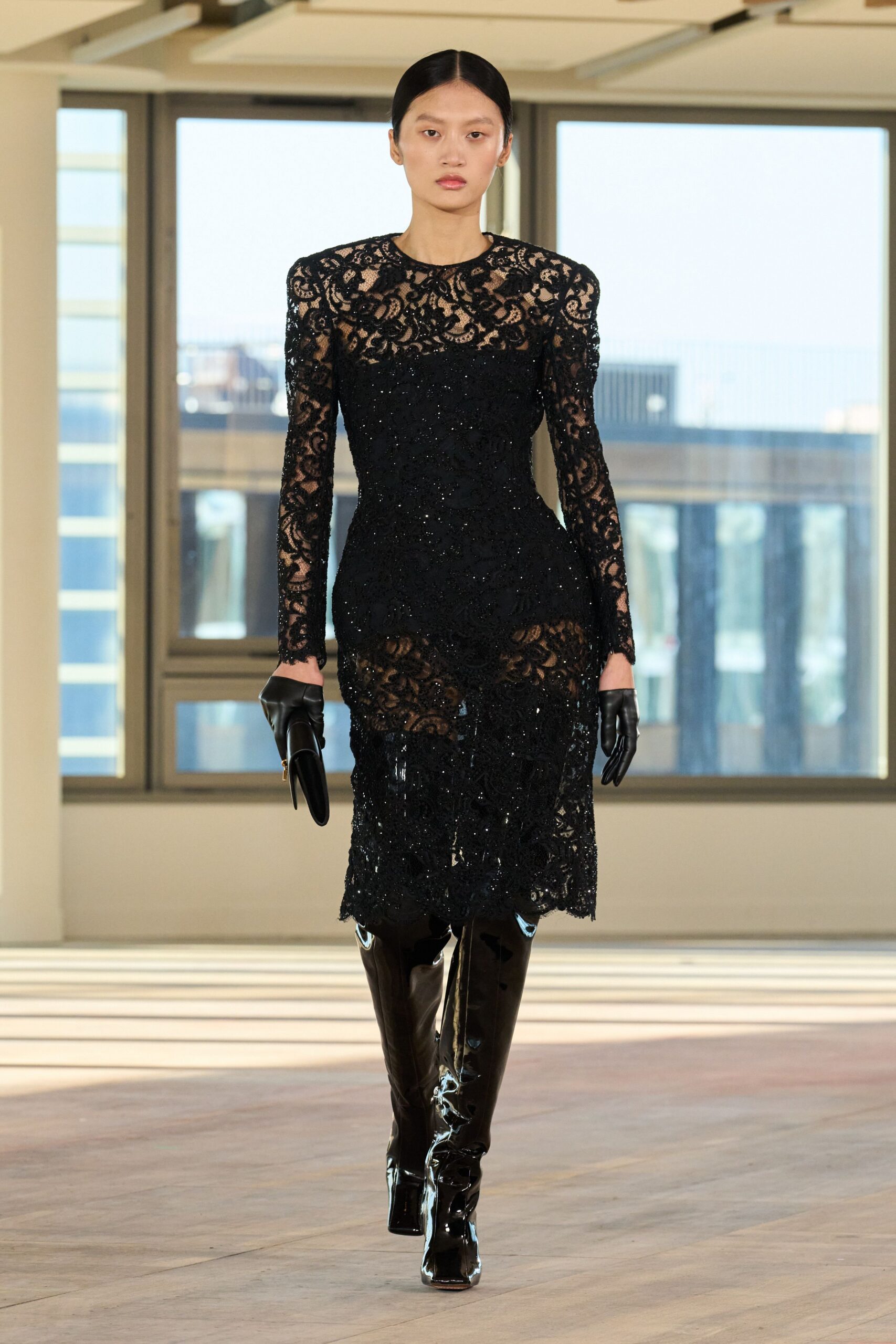 black lace long-sleeve high-neck fitted embroidered beaded dress