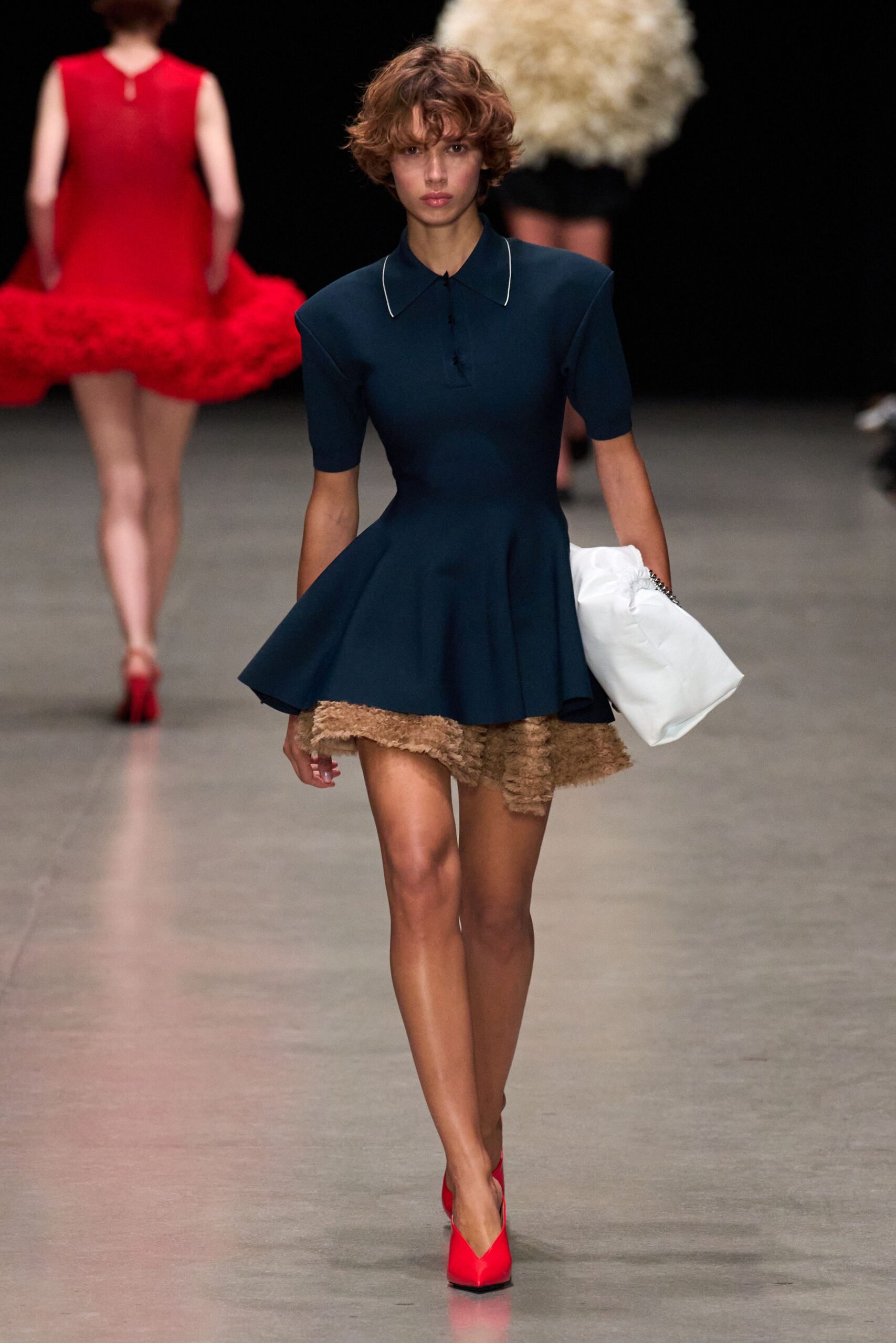 blue cotton short-sleeve collared fitted pleated flared dress