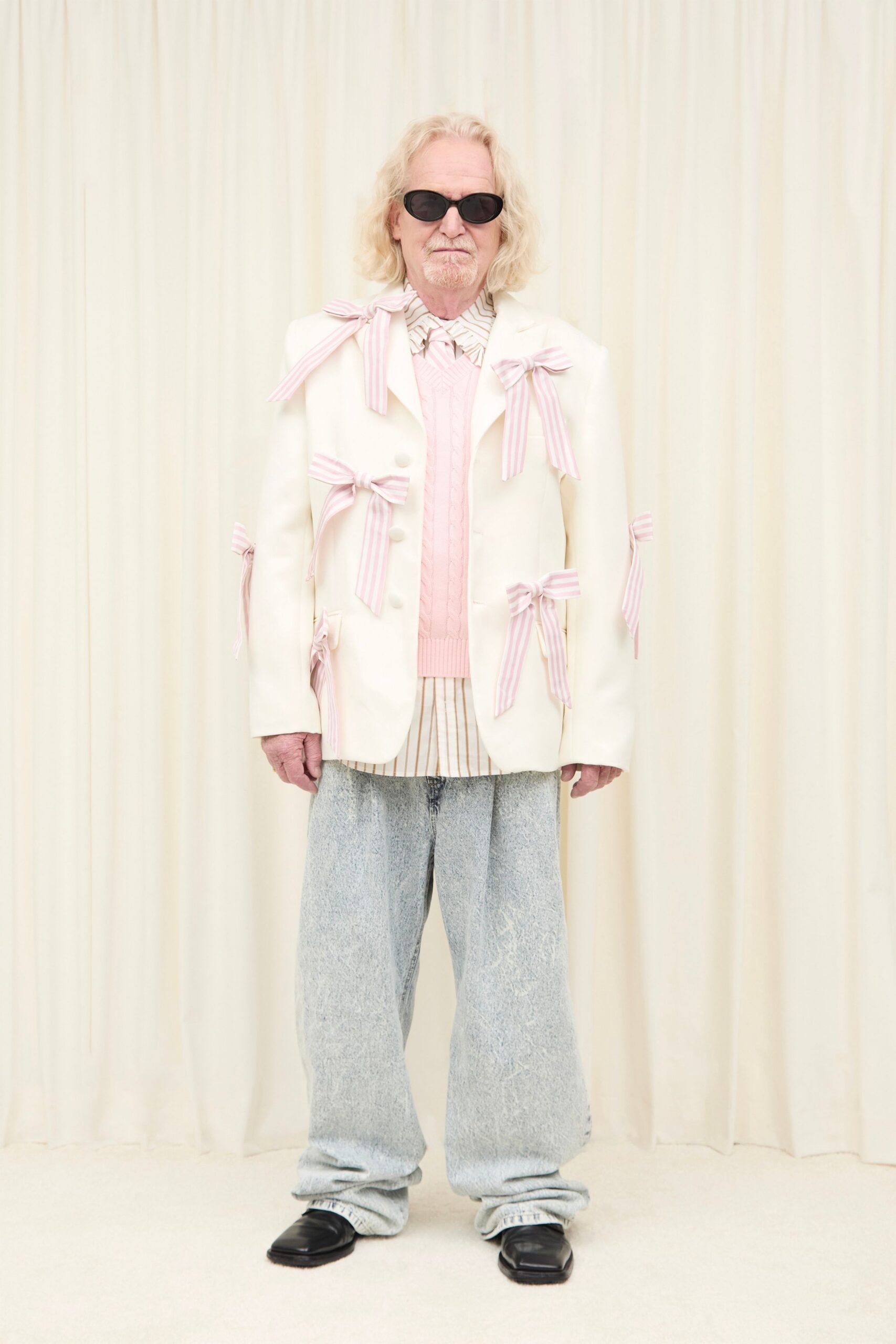 white cotton long-sleeve collared relaxed layered buttoned blazer
