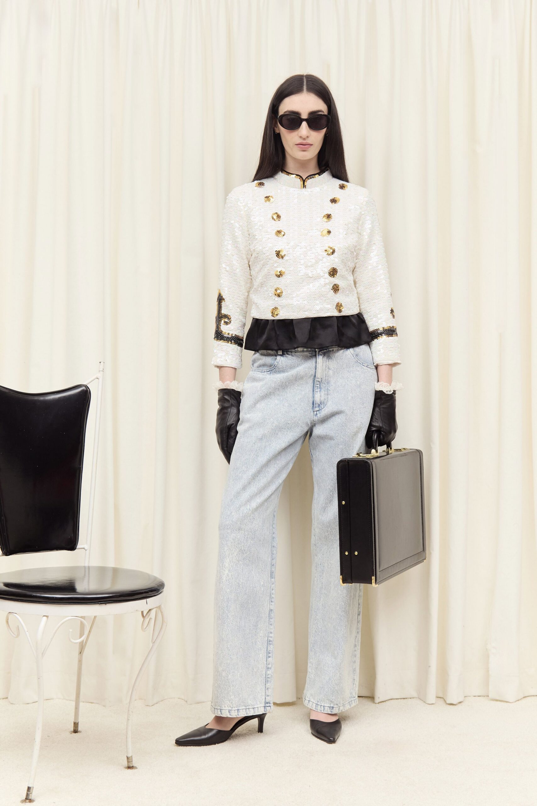 white silk long-sleeve collared fitted buttoned embellished jacket