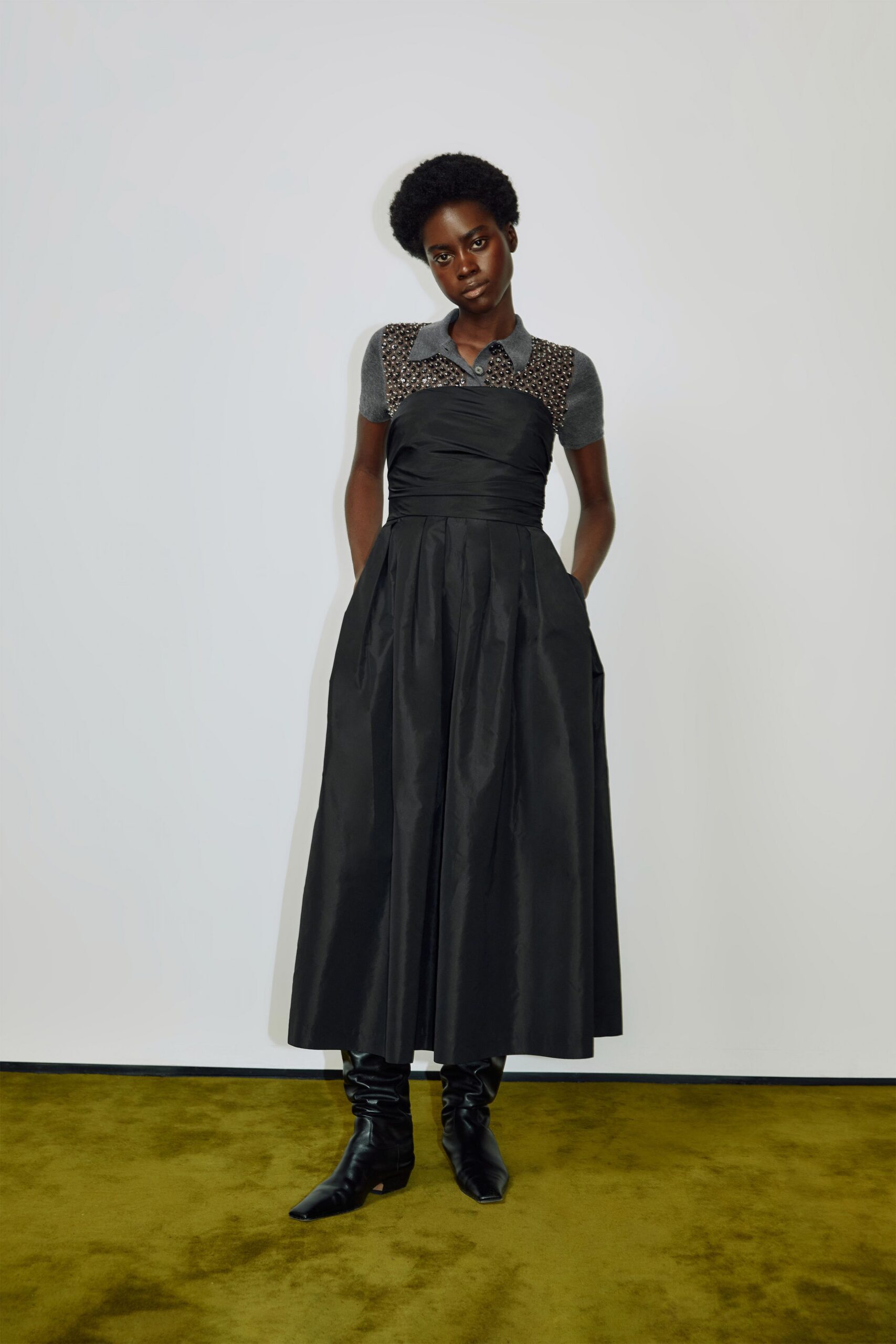 black midi dress with boots