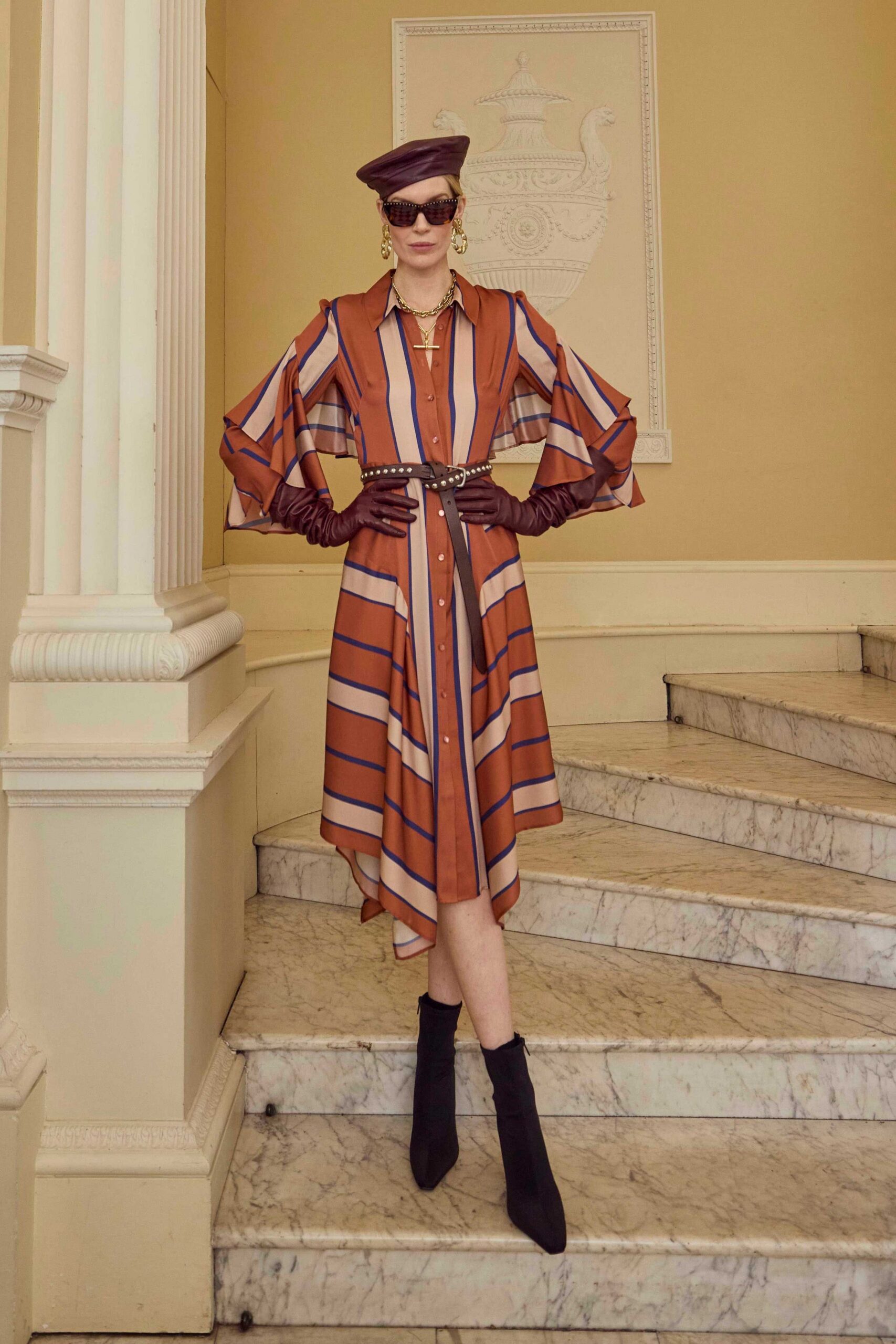 brown silk long-sleeve collared relaxed striped buttoned shirt-dress