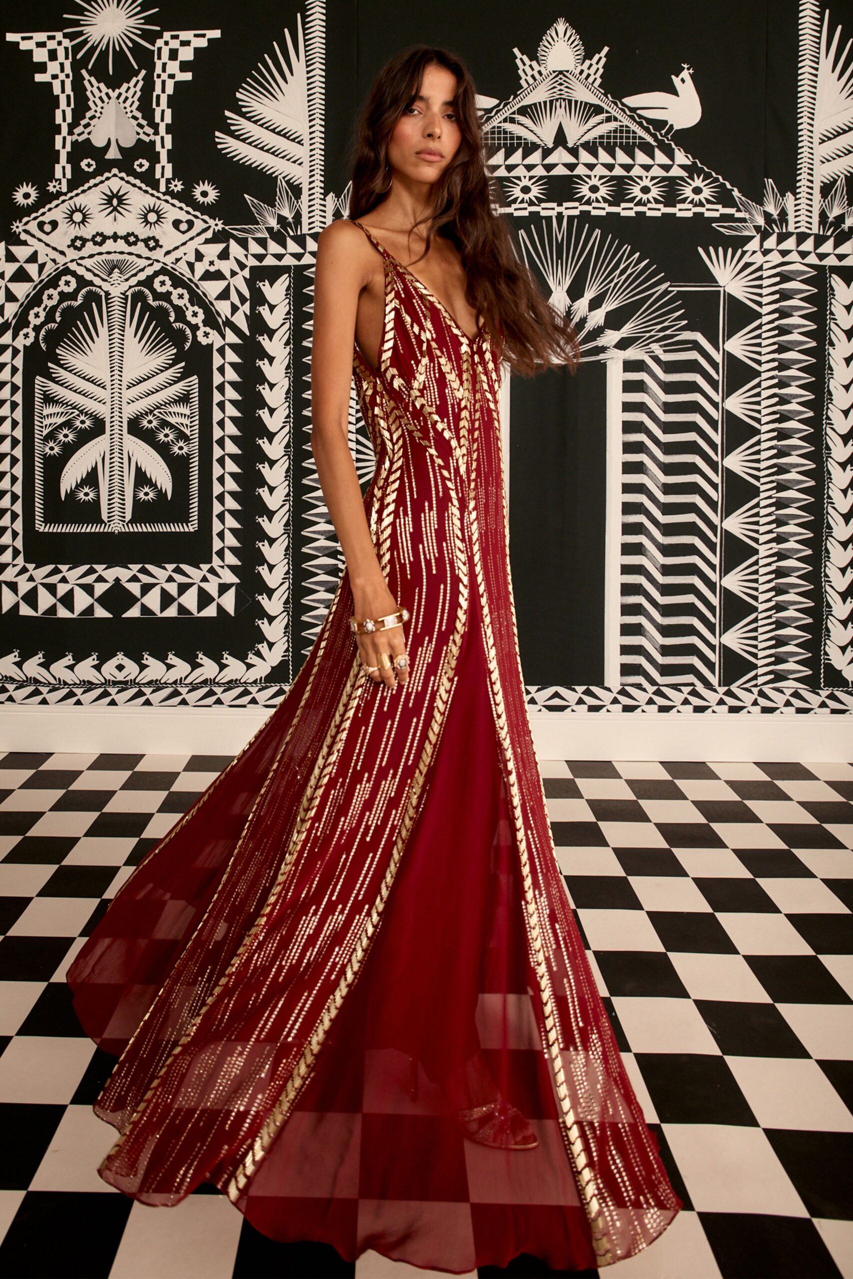 red silk sleeveless gown