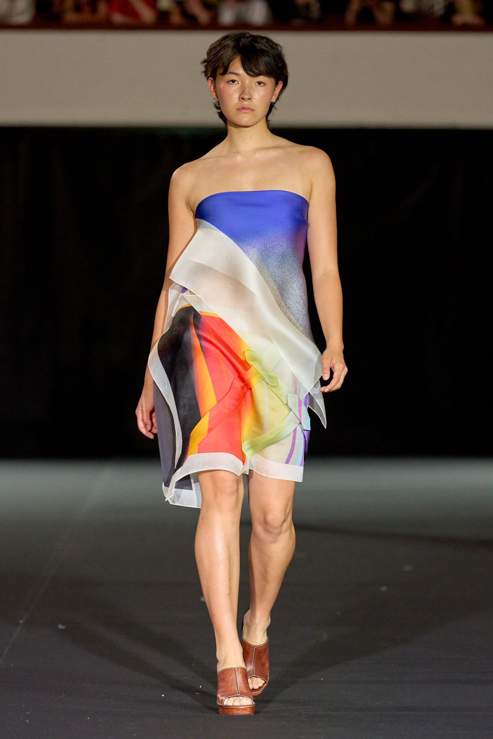 blue silk strapless fitted draped flowing short dress