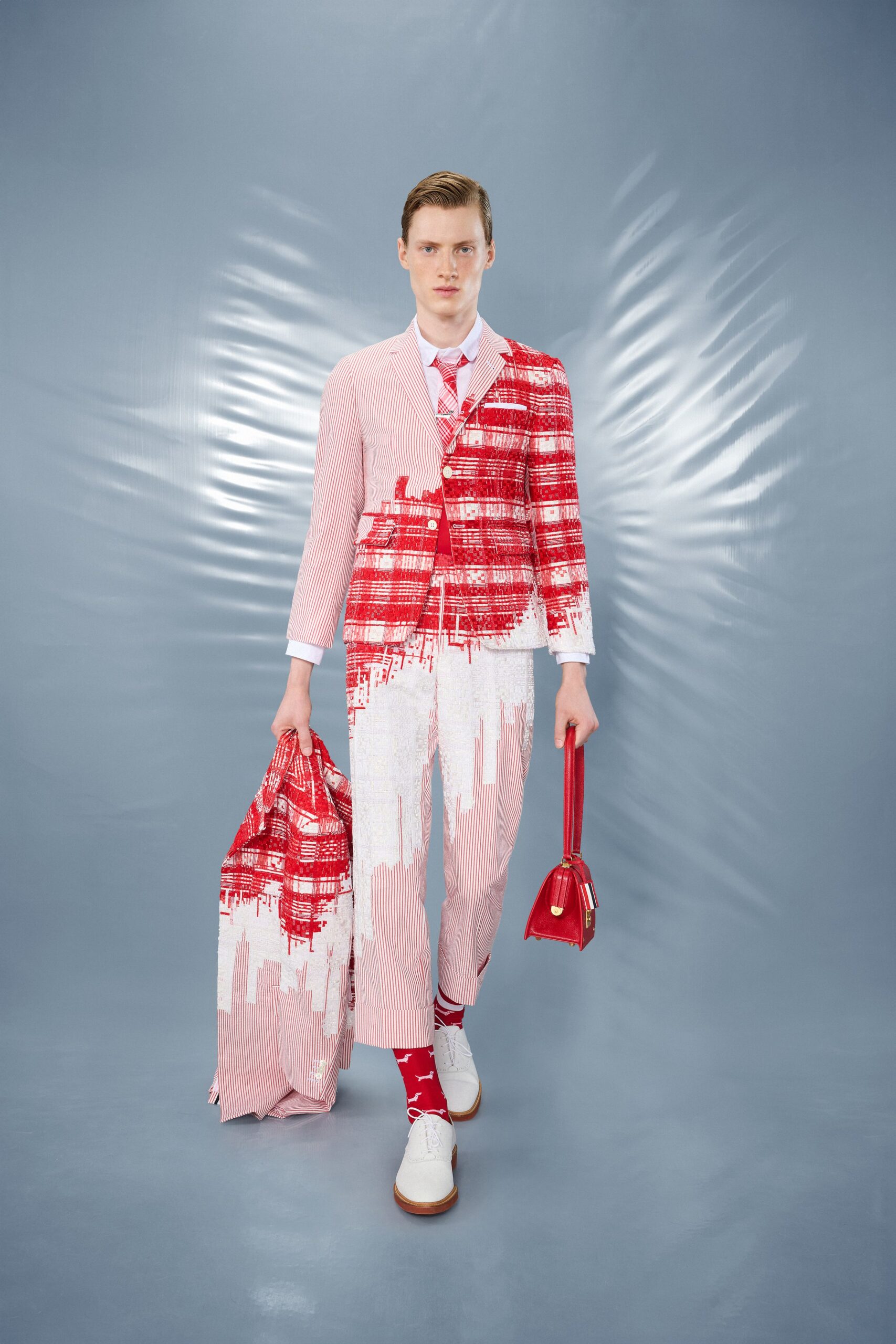 red cotton long-sleeve collared tailored printed suit