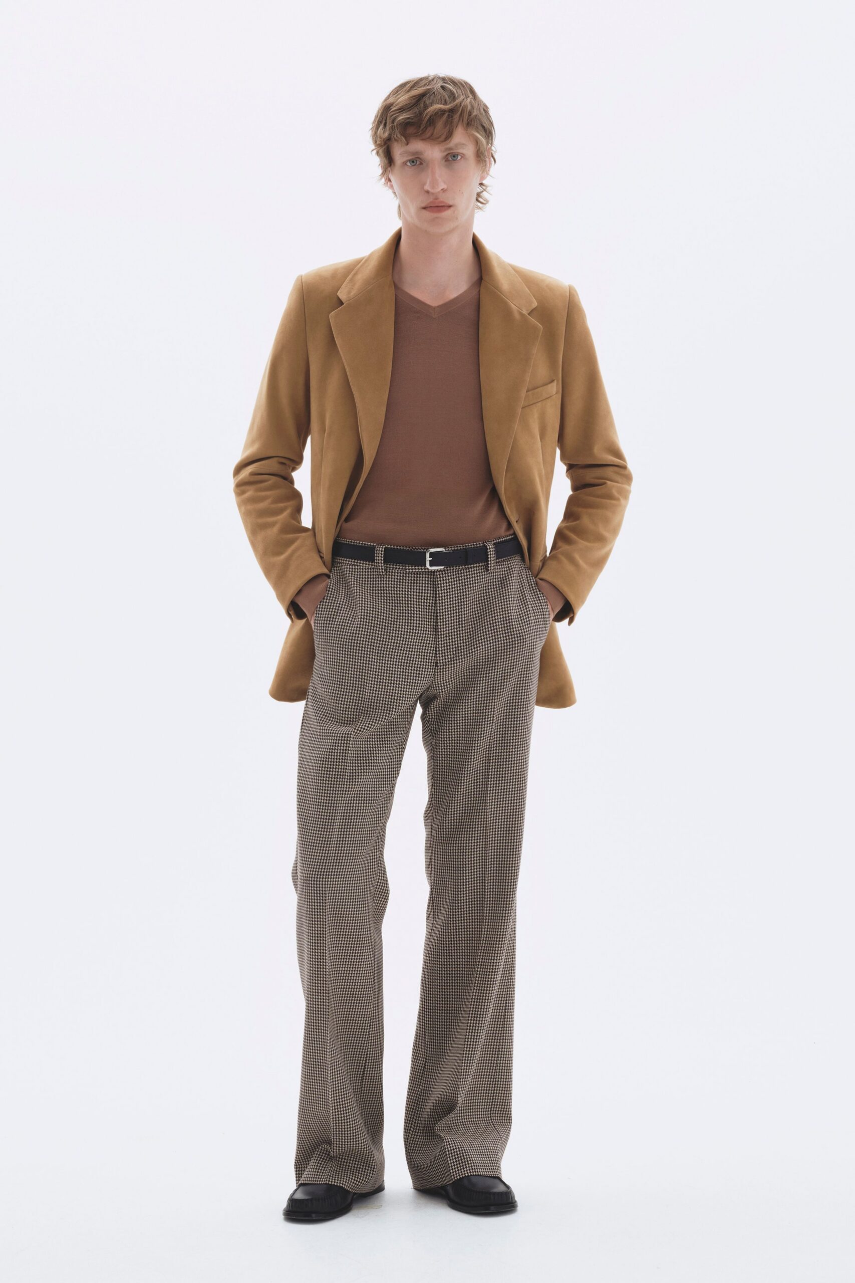 brown suede long-sleeve collared tailored blazer