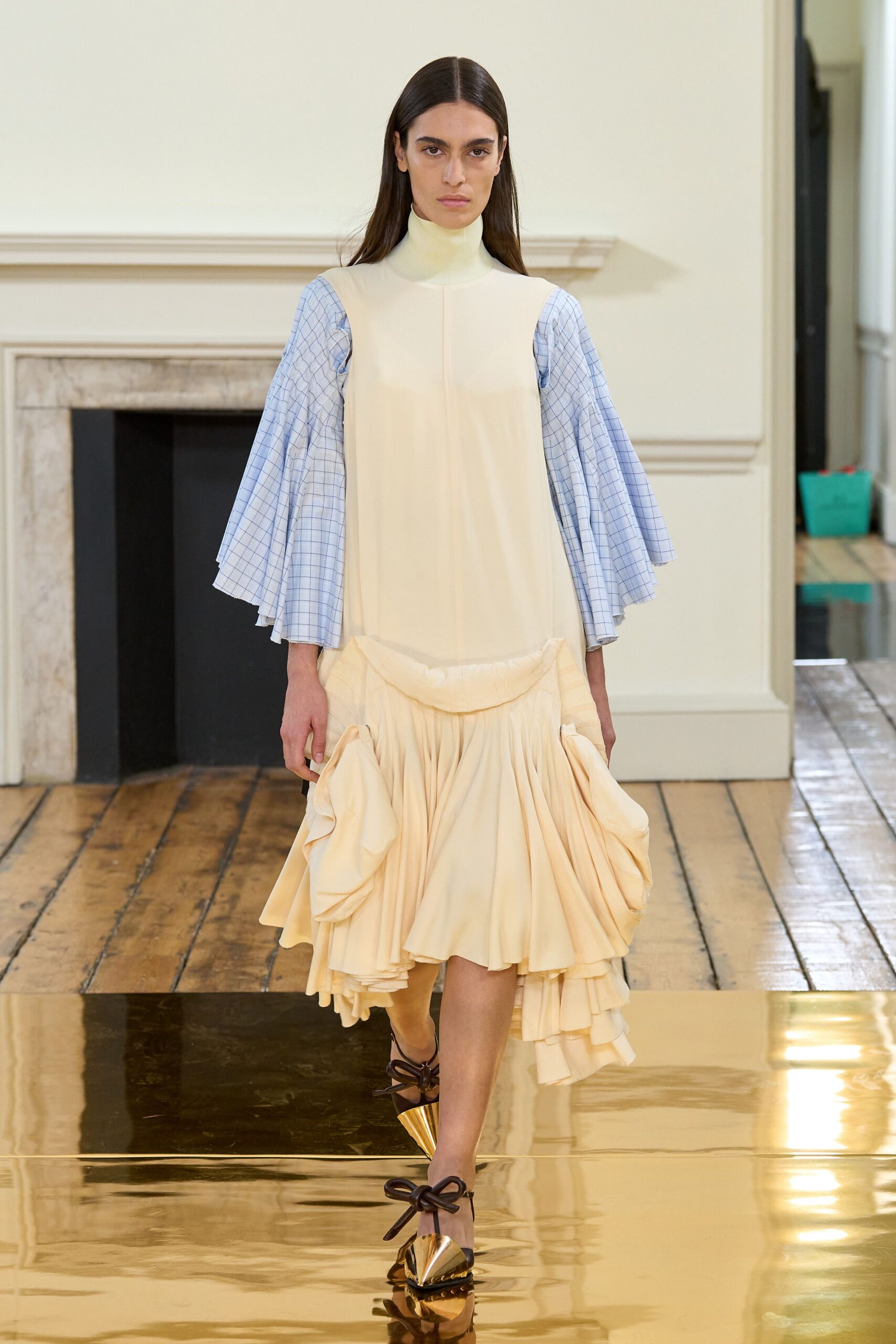 yellow cotton long-sleeve high-neck relaxed pleated ruffled dress