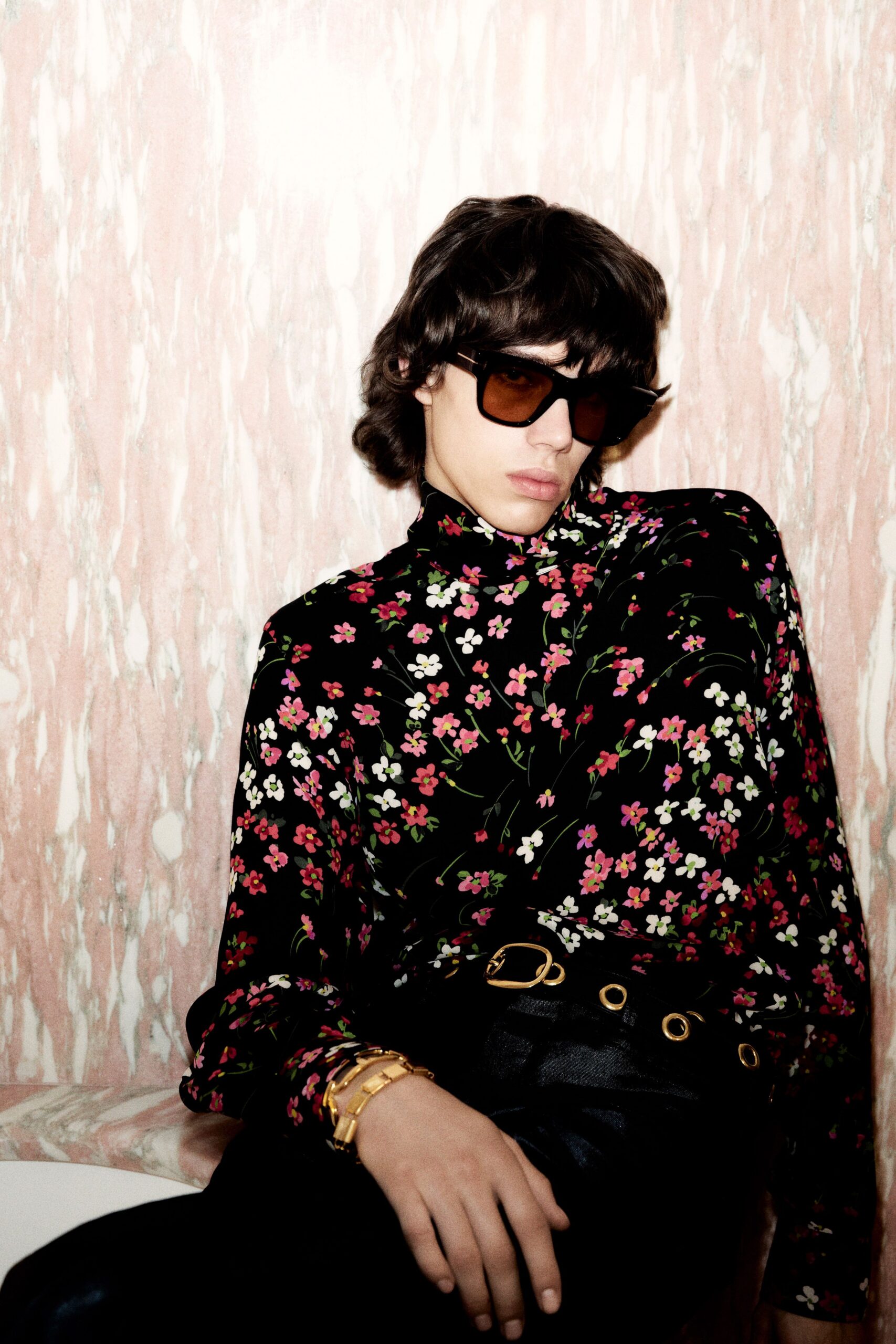 black silk long-sleeve high-neck fitted floral blouse