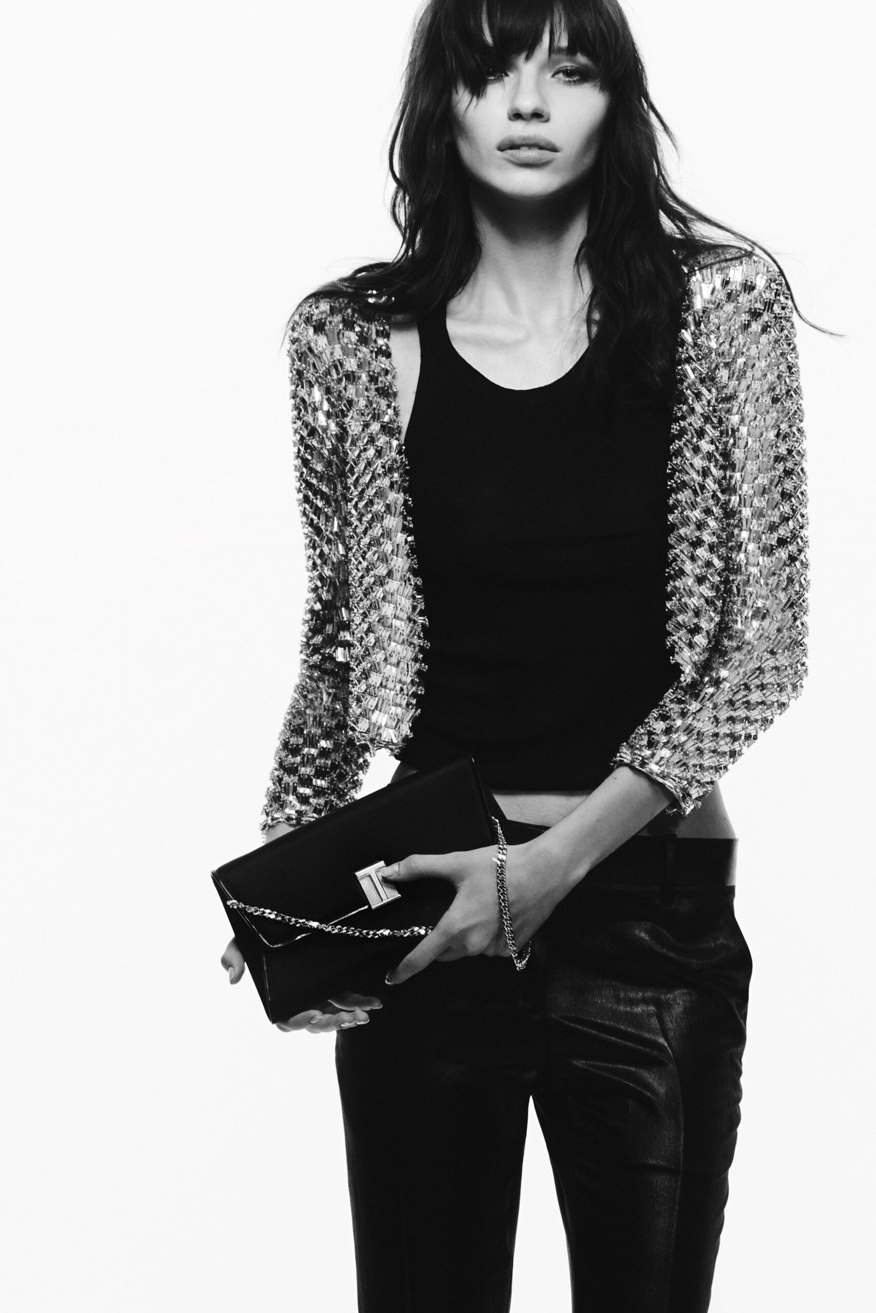 gray sequin long-sleeve fitted layered shiny jacket