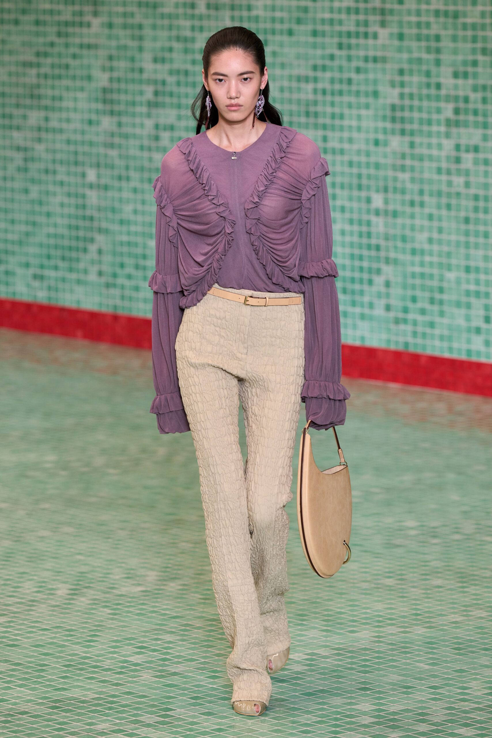 purple cotton long-sleeve v-neck fitted ruffled draped blouse