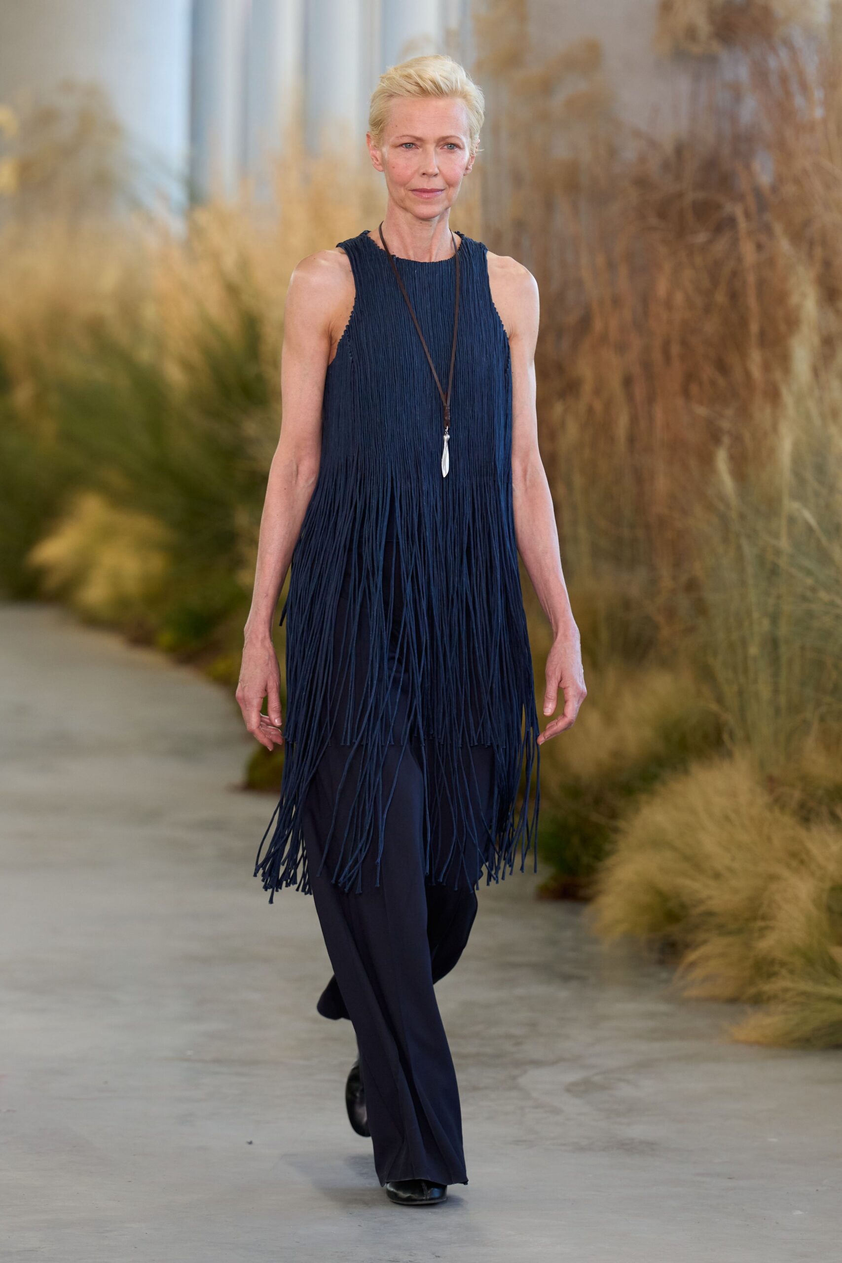 blue silk sleeveless high-neck relaxed fringed midi dress