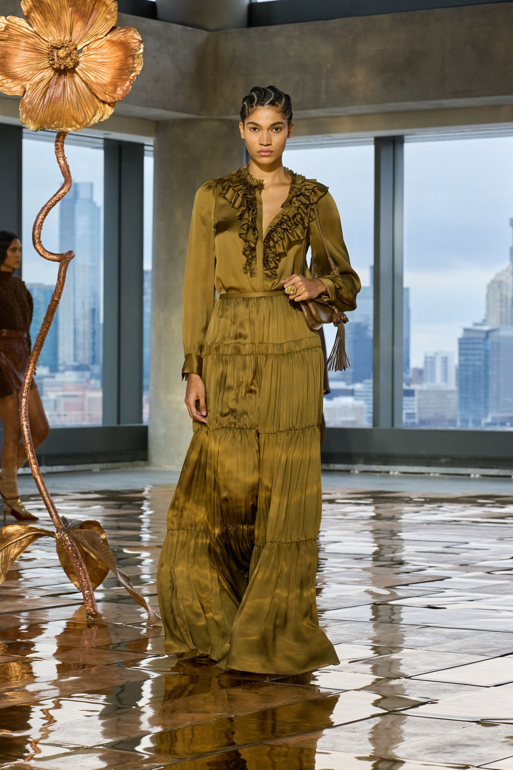 green silk long-sleeve pleated dress