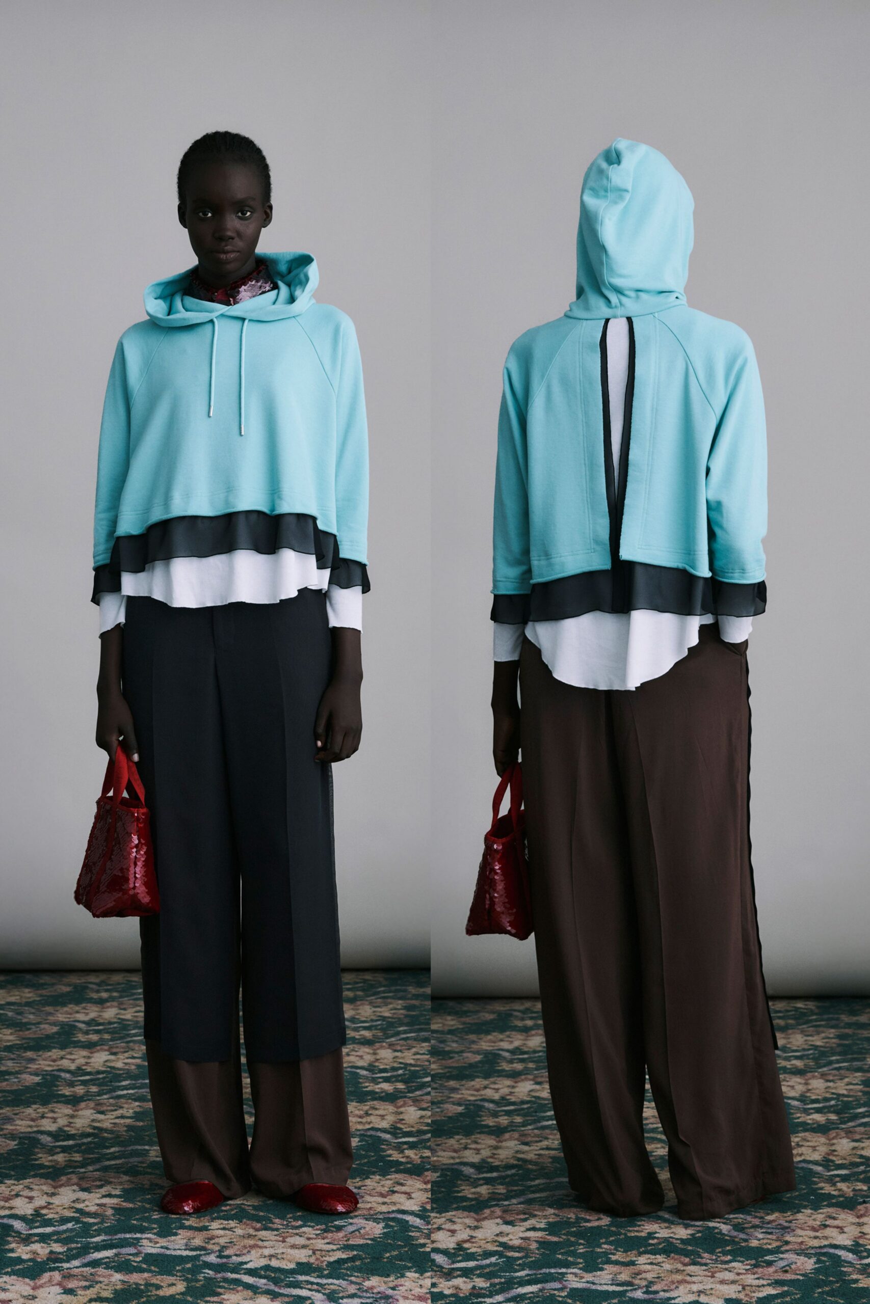 blue cropped hoodie with wide-leg pants